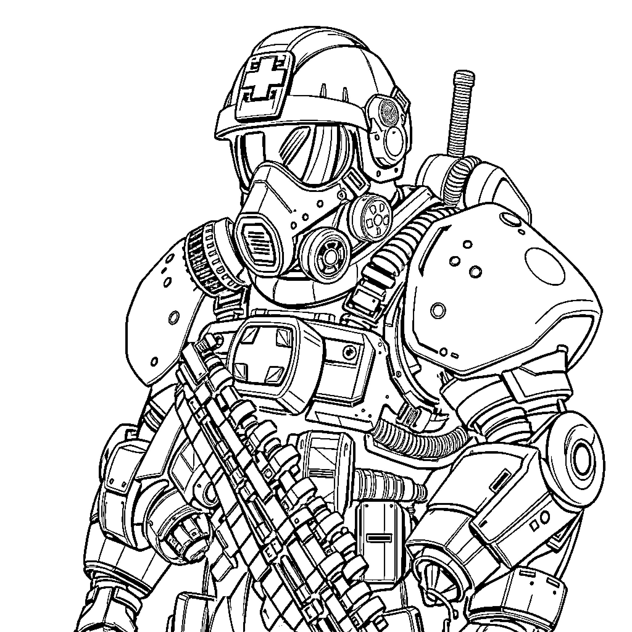 Combat Medic Rendering Aid in Futuristic Battlefield Coloring Page (free black-and-white line drawing printable PDF for all, from beginners to advanced learners, including children, teens, adults, and seniors)