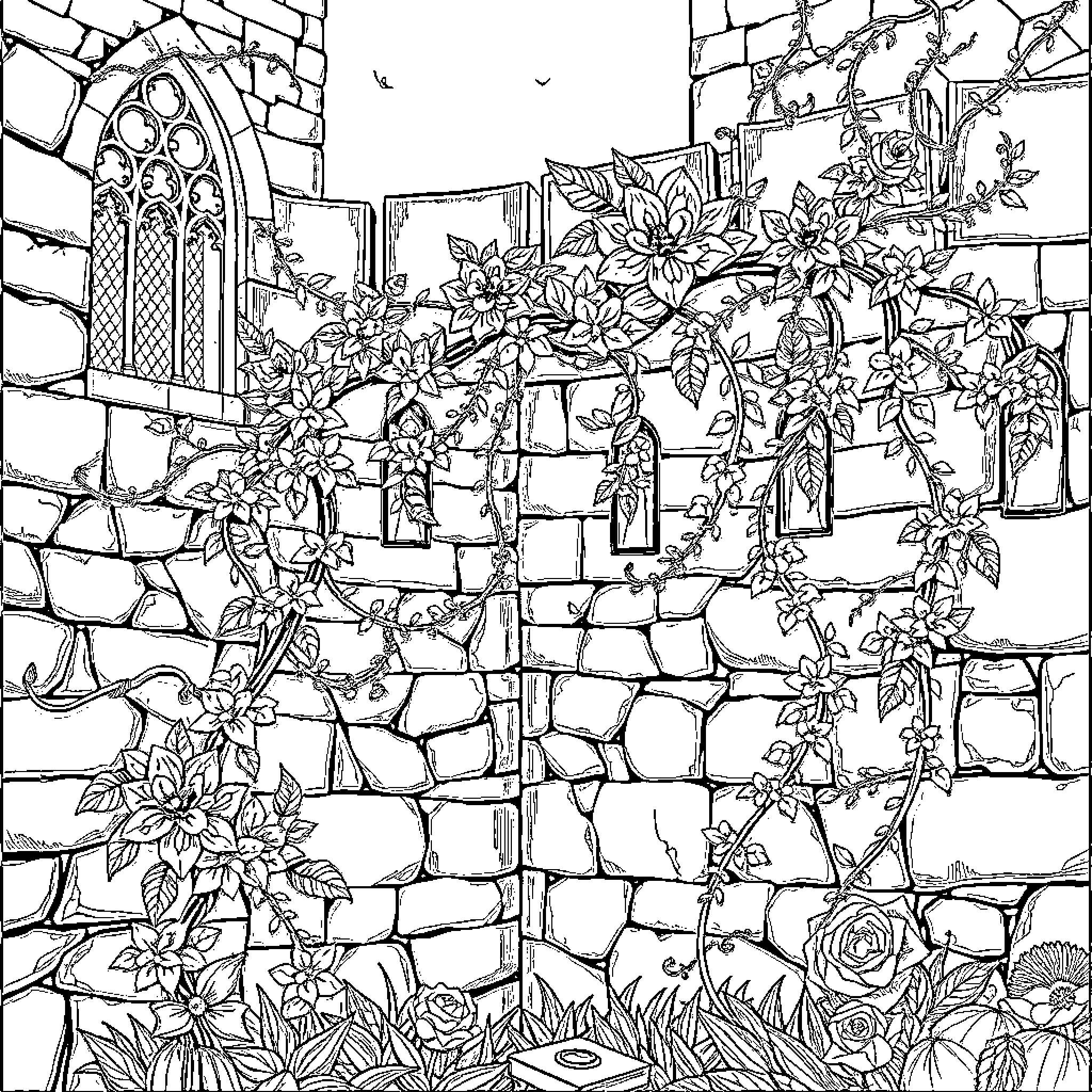 Vine Flourishing in a Whimsical Garden Setting Coloring Page (free black-and-white line drawing printable PDF for all, from beginners to advanced learners, including children, teens, adults, and seniors)