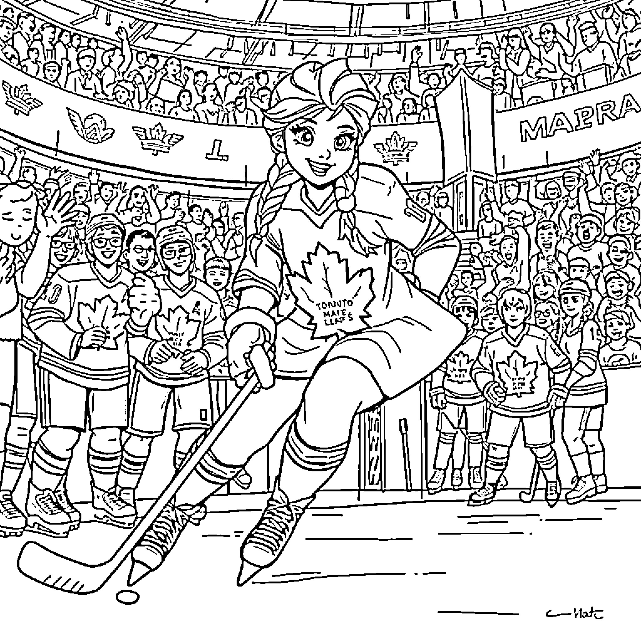 Elsa cheering on hockey team in lively arena Coloring Page (free black-and-white line drawing printable PDF for all, from beginners to advanced learners, including children, teens, adults, and seniors)
