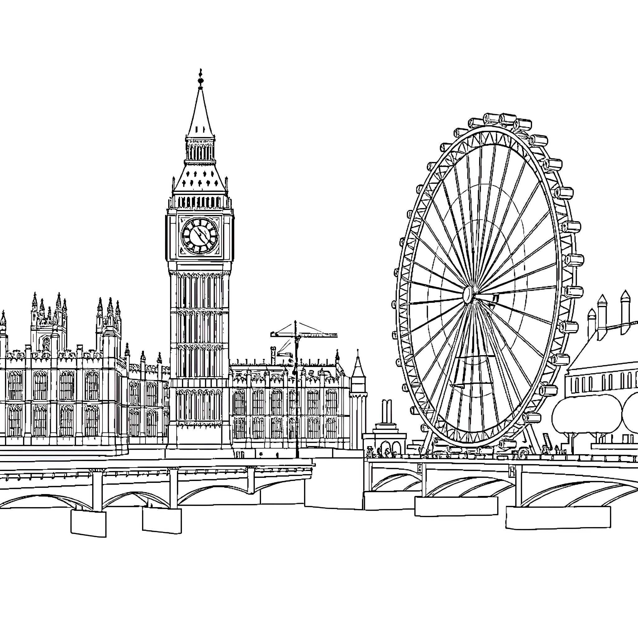 London landmark attractions on the riverbank Coloring Page (free black-and-white line drawing printable PDF for all, from beginners to advanced learners, including children, teens, adults, and seniors)