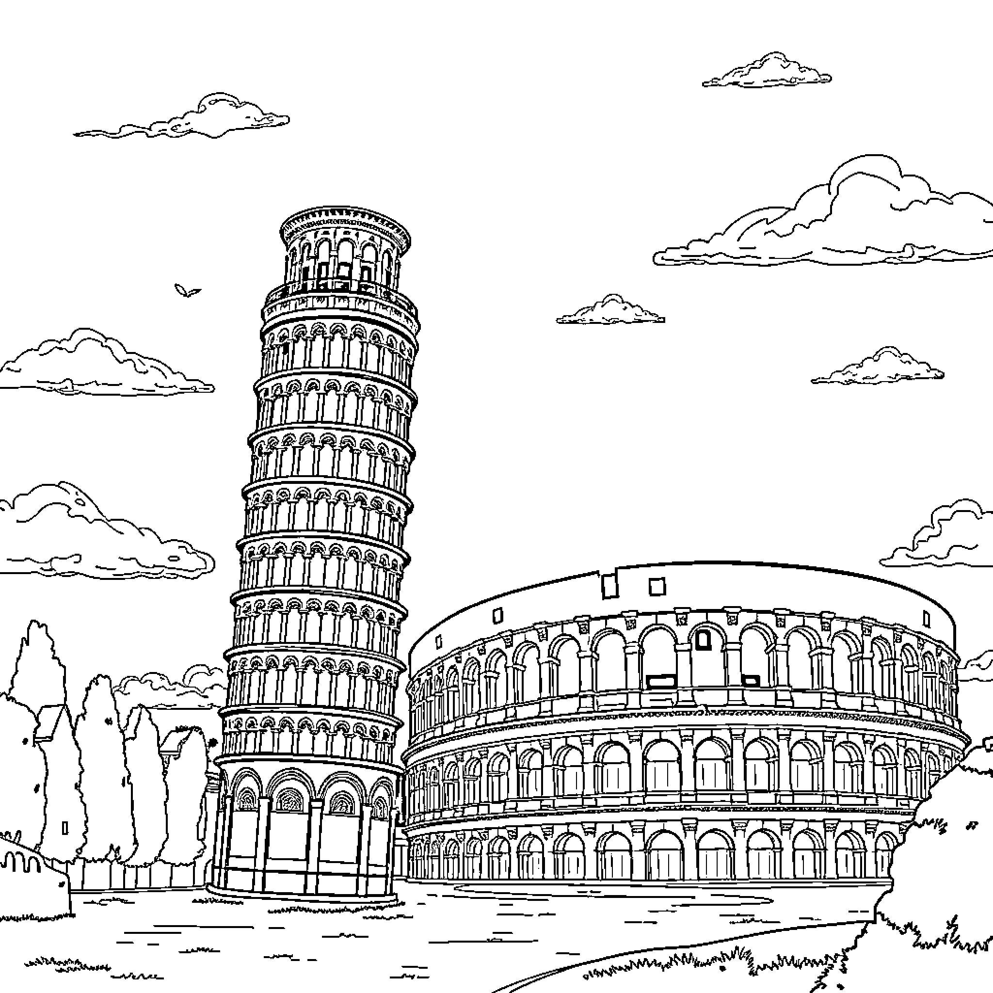 Monument of Famous Historical Architecture Coloring Page (free black-and-white line drawing printable PDF for all, from beginners to advanced learners, including children, teens, adults, and seniors)