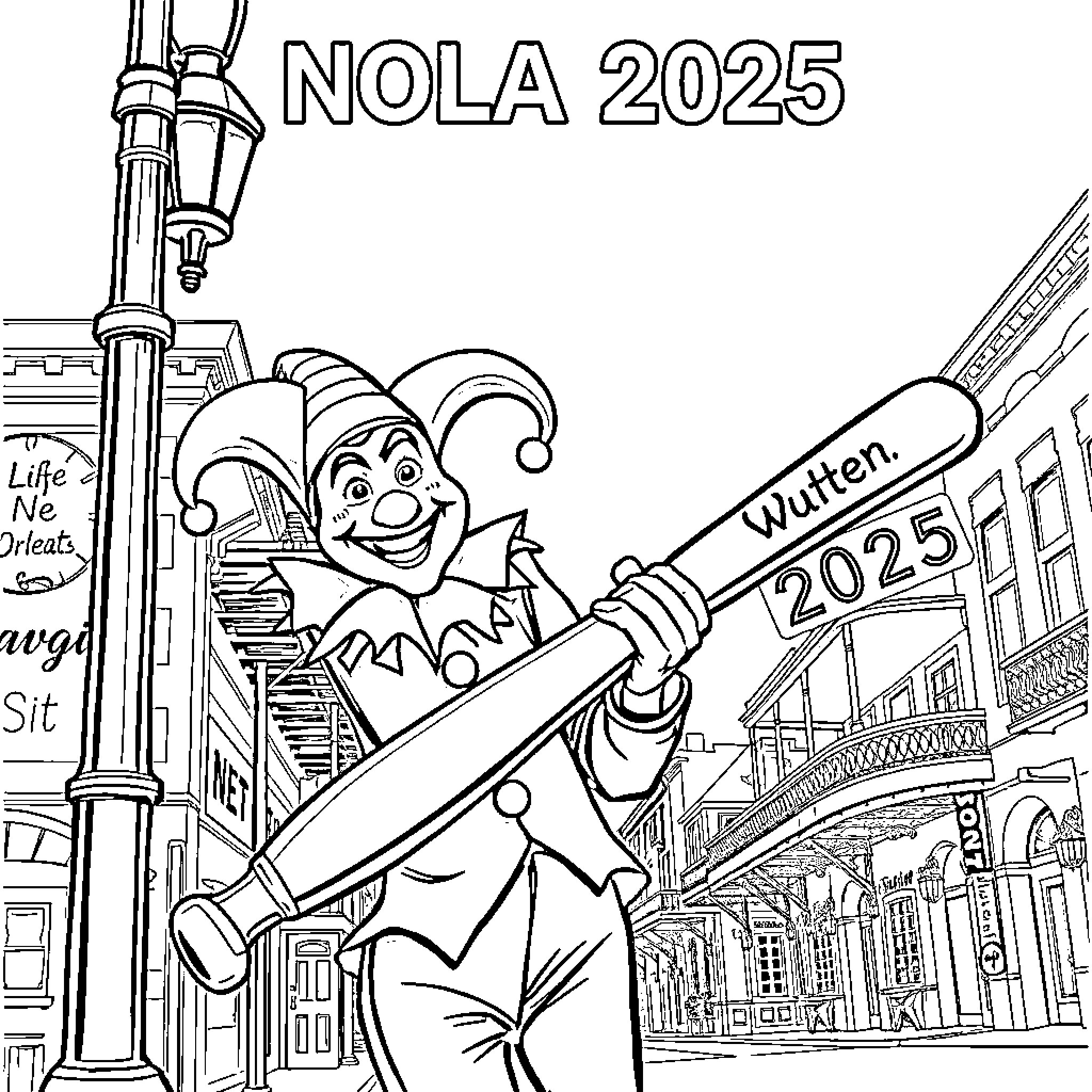 Jester celebrating the future in New Orleans Coloring Page (free black-and-white line drawing printable PDF for all, from beginners to advanced learners, including children, teens, adults, and seniors)