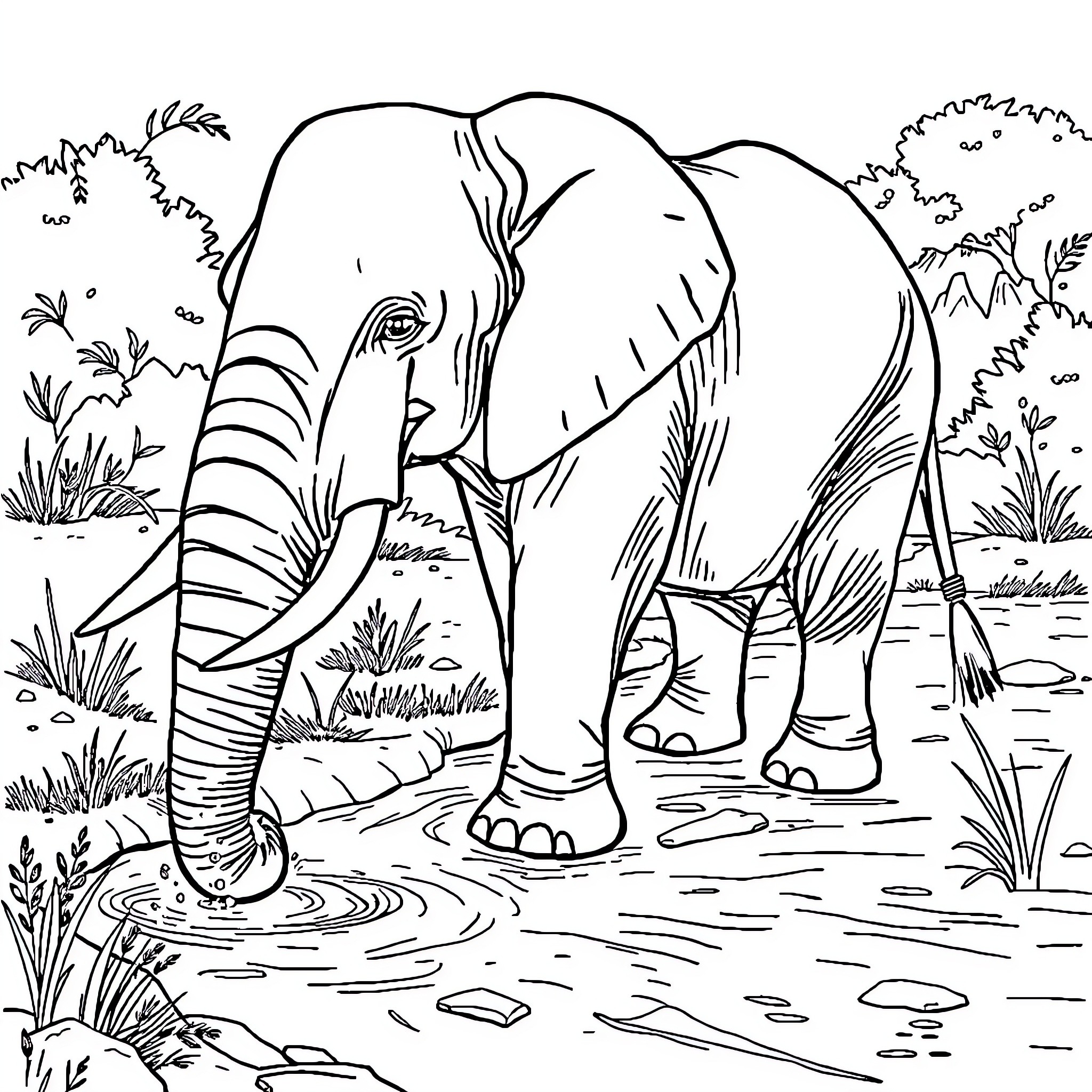 Elephant walking in the wild Coloring Page (free black-and-white line drawing printable PDF for all, from beginners to advanced learners, including children, teens, adults, and seniors)