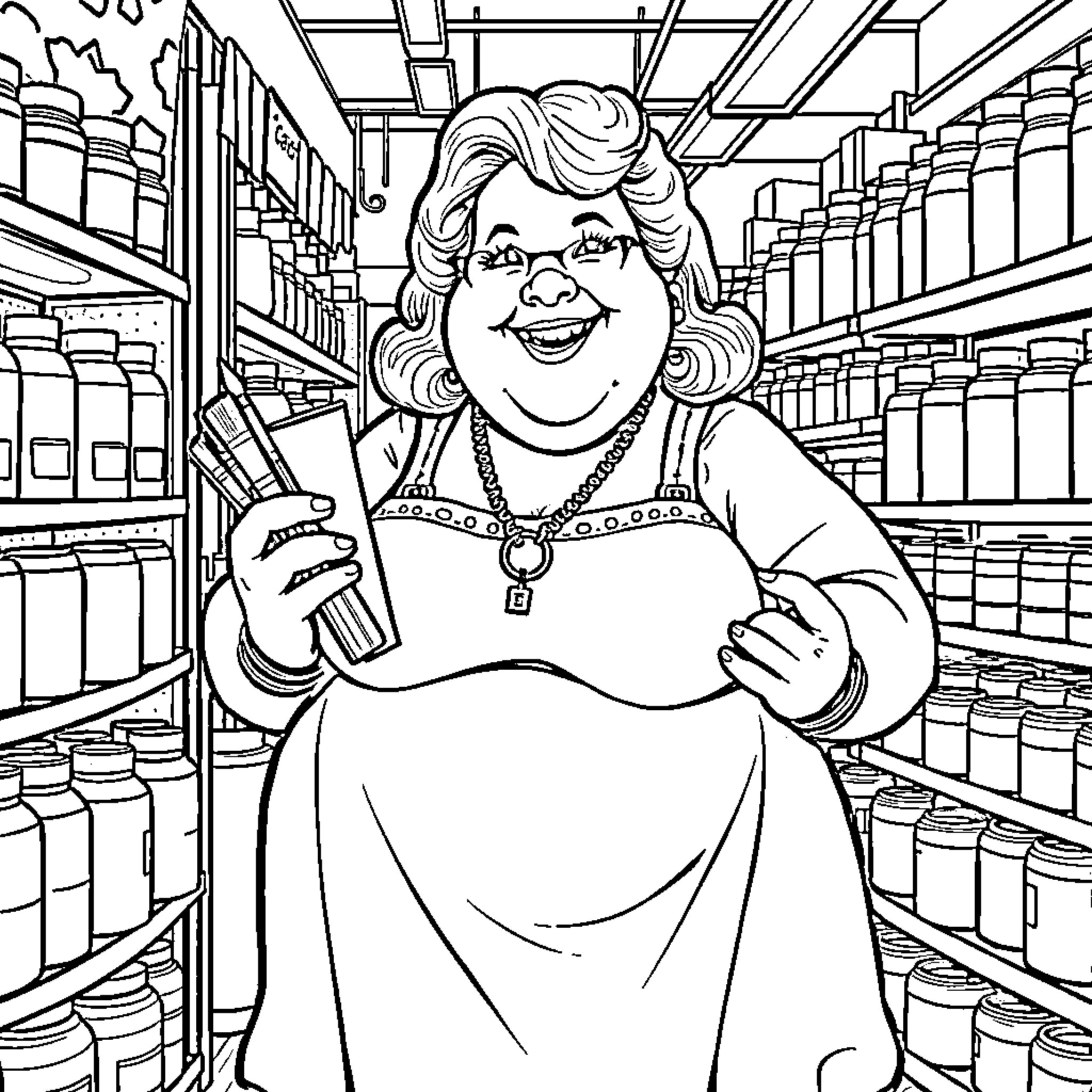 Lady in a Cheerful Grocery Store Shopping Trip Coloring Page (free black-and-white line drawing printable PDF for all, from beginners to advanced learners, including children, teens, adults, and seniors)