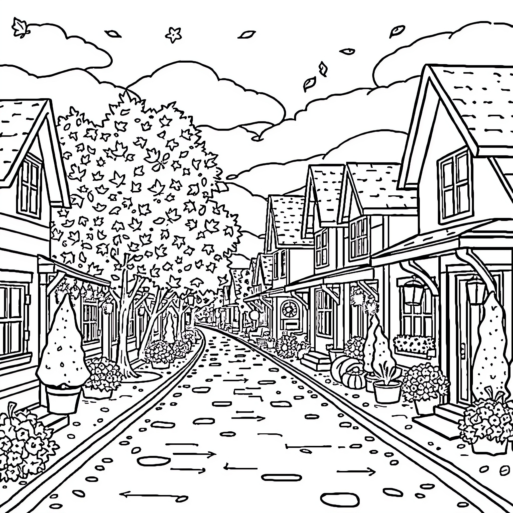 Street Scene with Quaint Buildings and Foliage Coloring Page (free black-and-white line drawing printable PDF for all, from beginners to advanced learners, including children, teens, adults, and seniors)