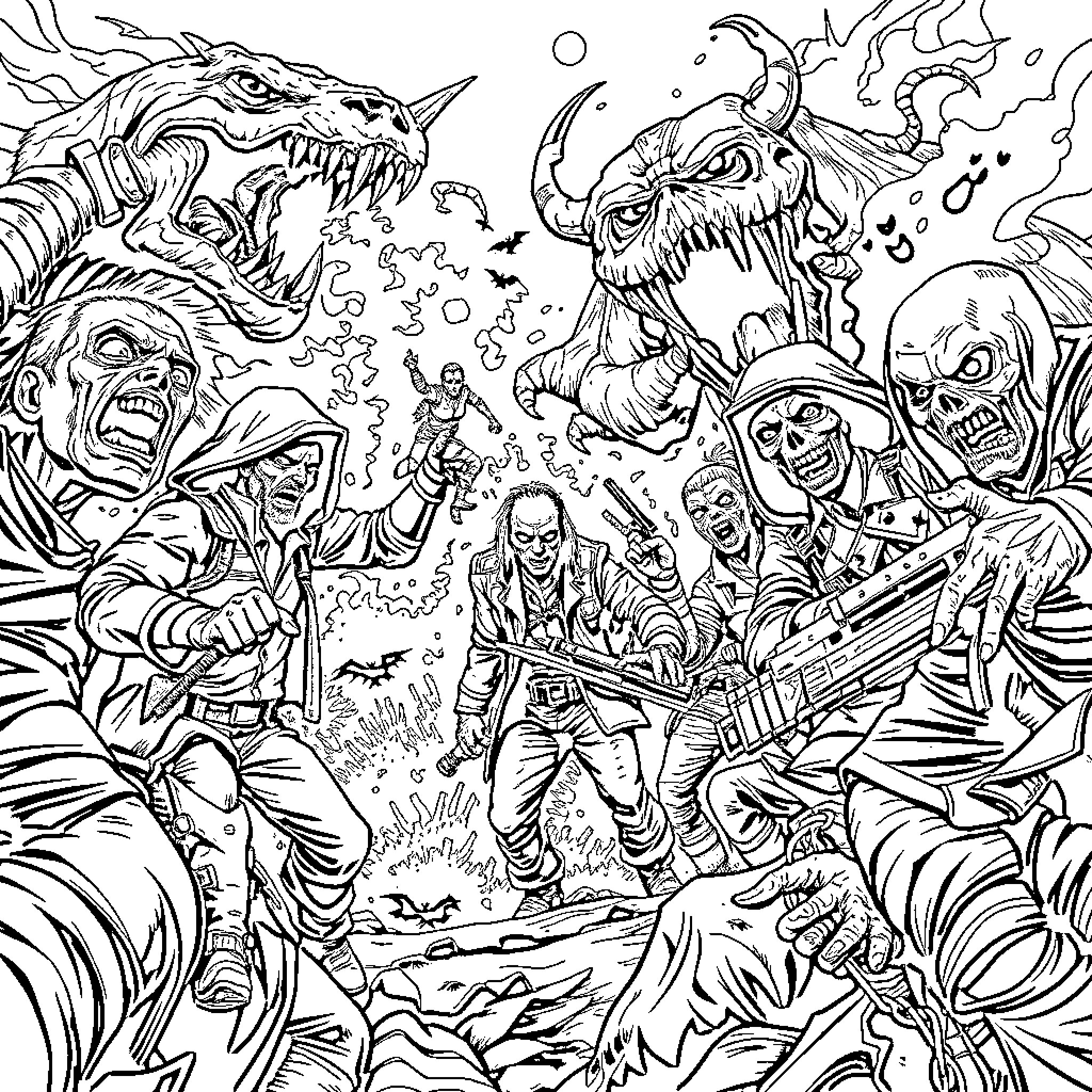 Resident Evil: Terrifying Creatures and Courageous Confrontation Coloring Page (free black-and-white line drawing printable PDF for all, from beginners to advanced learners, including children, teens, adults, and seniors)