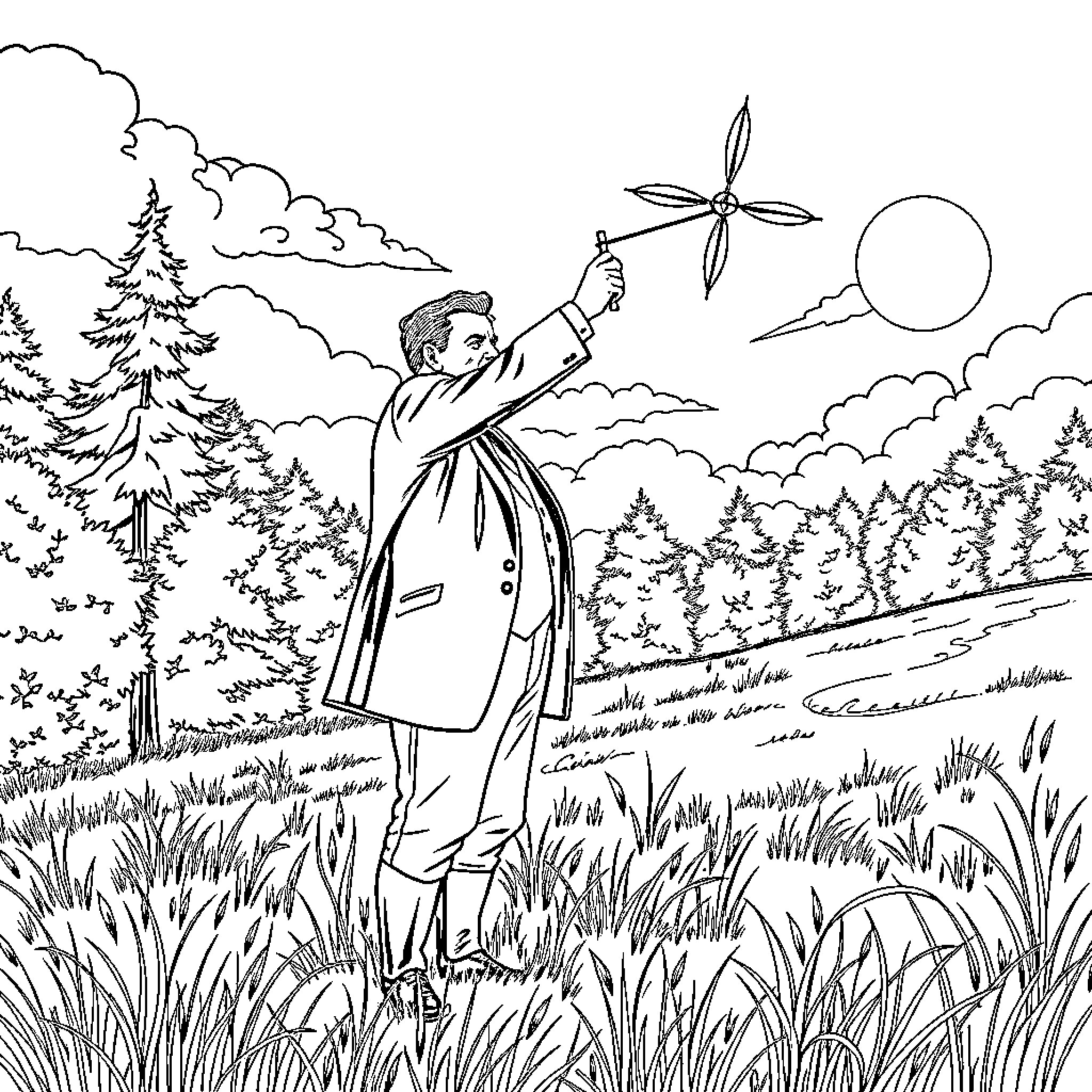 Theodore Roosevelt enjoying the outdoors with a whirligig Coloring Page (free black-and-white line drawing printable PDF for all, from beginners to advanced learners, including children, teens, adults, and seniors)