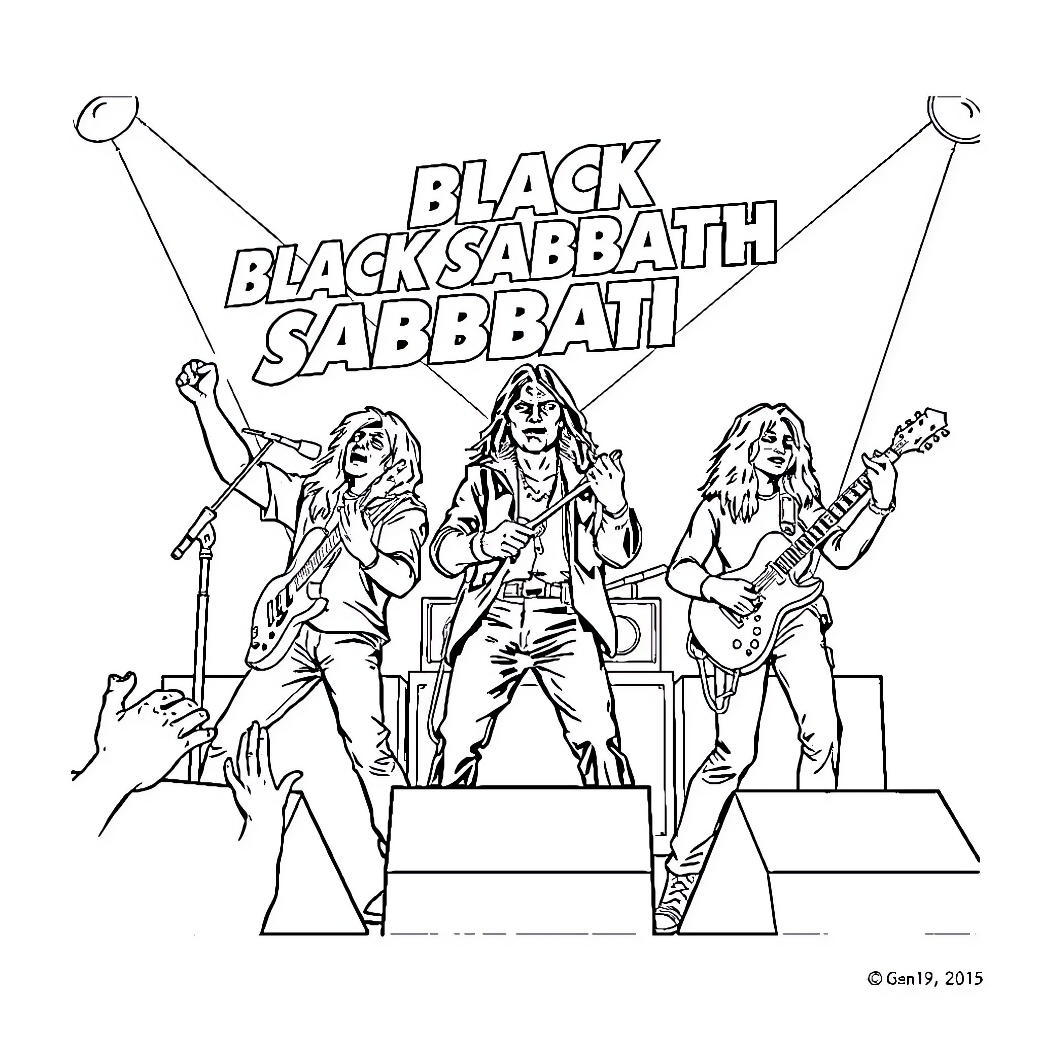 Black Sabbath Performing with Passion and Energy Coloring Page (free black-and-white line drawing printable PDF for all, from beginners to advanced learners, including children, teens, adults, and seniors)