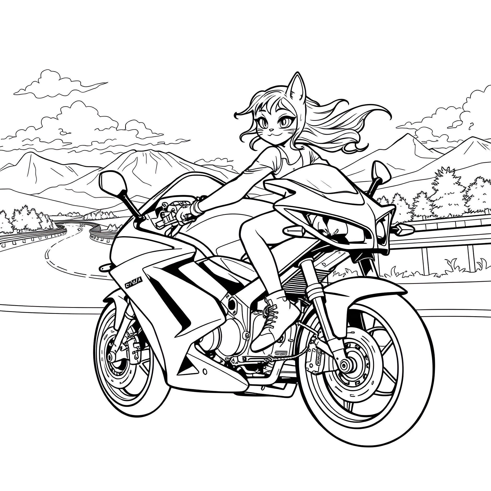 Cat Girl Riding Motorcycle Through Scenic Landscape Coloring Page (free black-and-white line drawing printable PDF for all, from beginners to advanced learners, including children, teens, adults, and seniors)