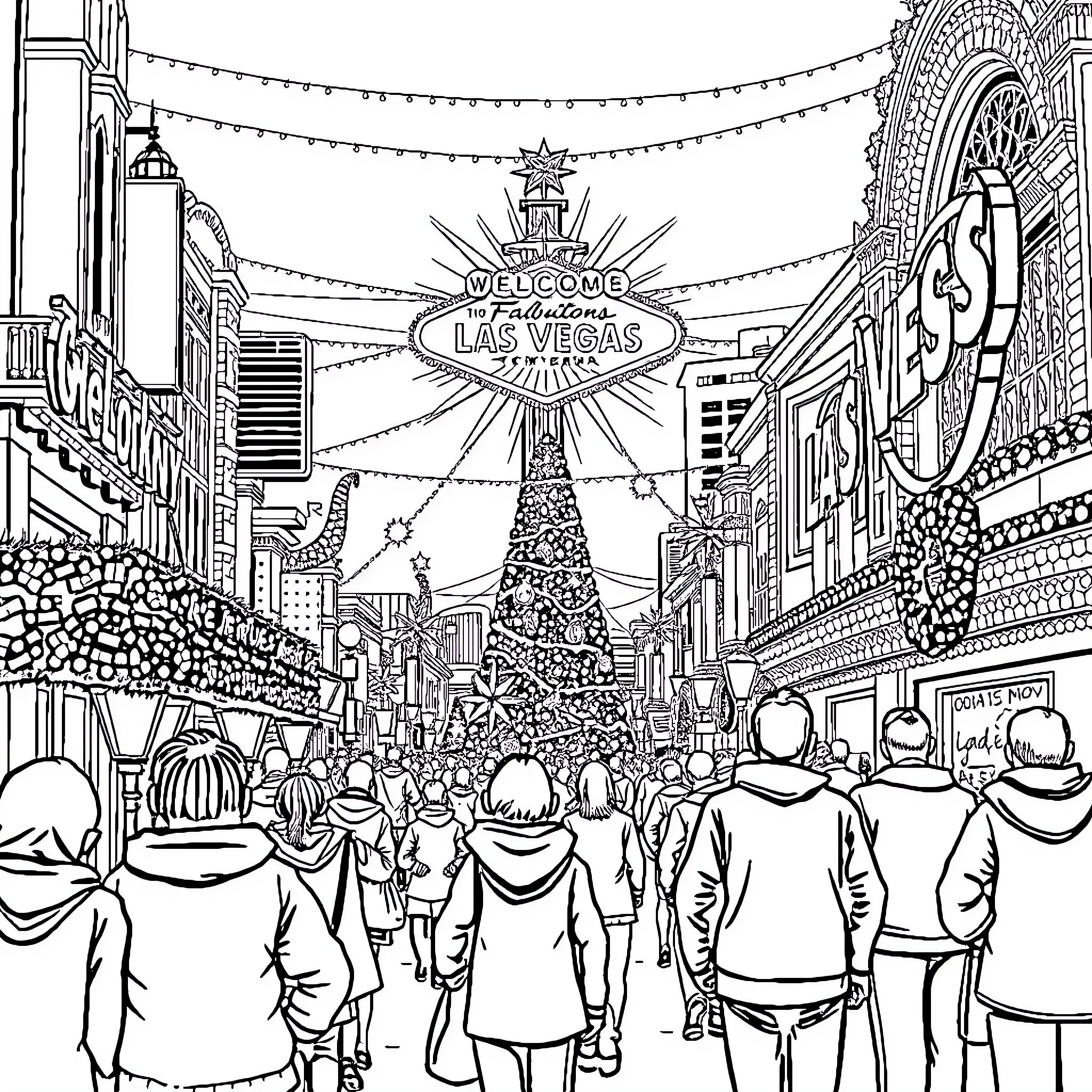 Christmas in Lively Las Vegas Cityscape Coloring Page (free black-and-white line drawing printable PDF for all, from beginners to advanced learners, including children, teens, adults, and seniors)