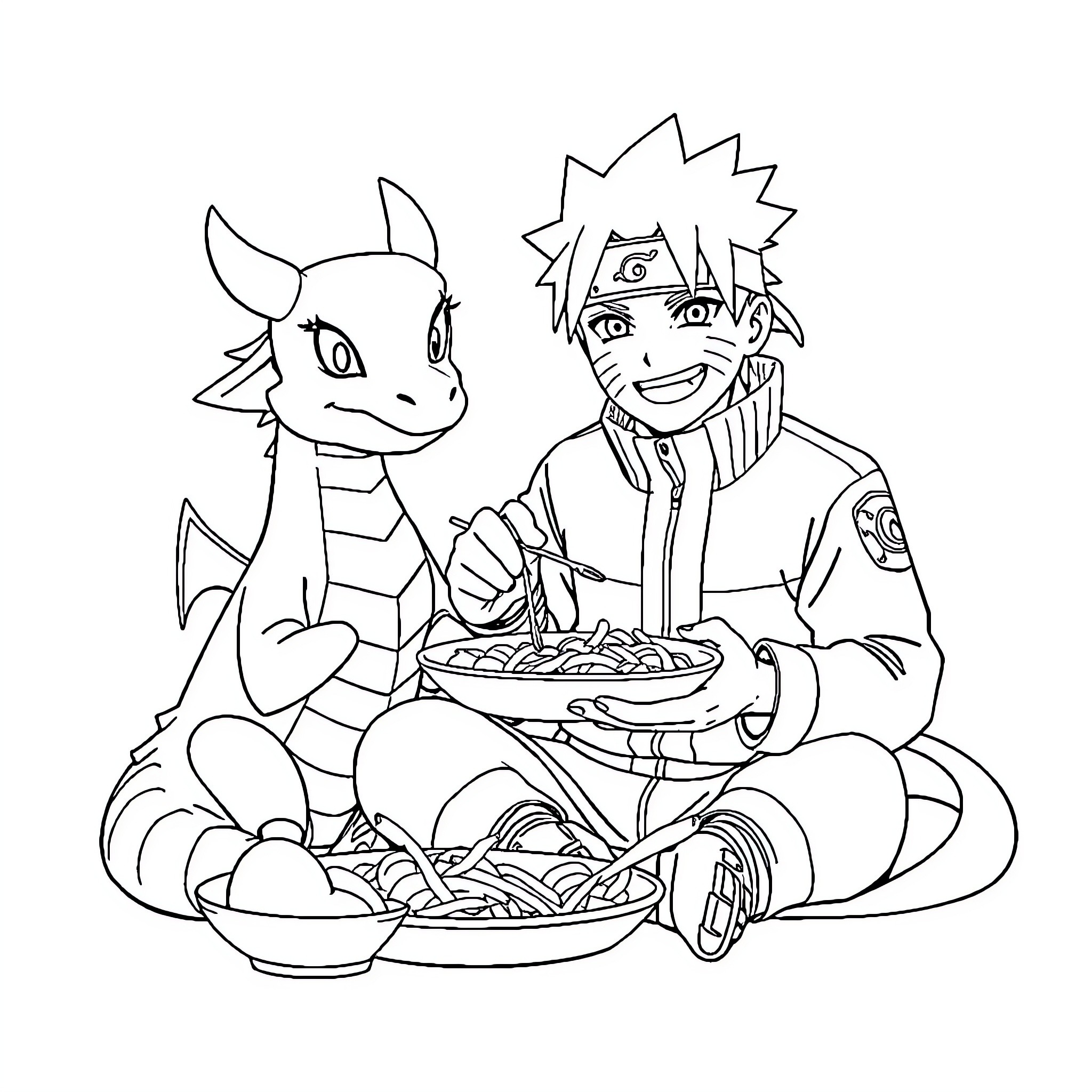 Naruto enjoying a meal with his pet dragon Coloring Page (free black-and-white line drawing printable PDF for all, from beginners to advanced learners, including children, teens, adults, and seniors)