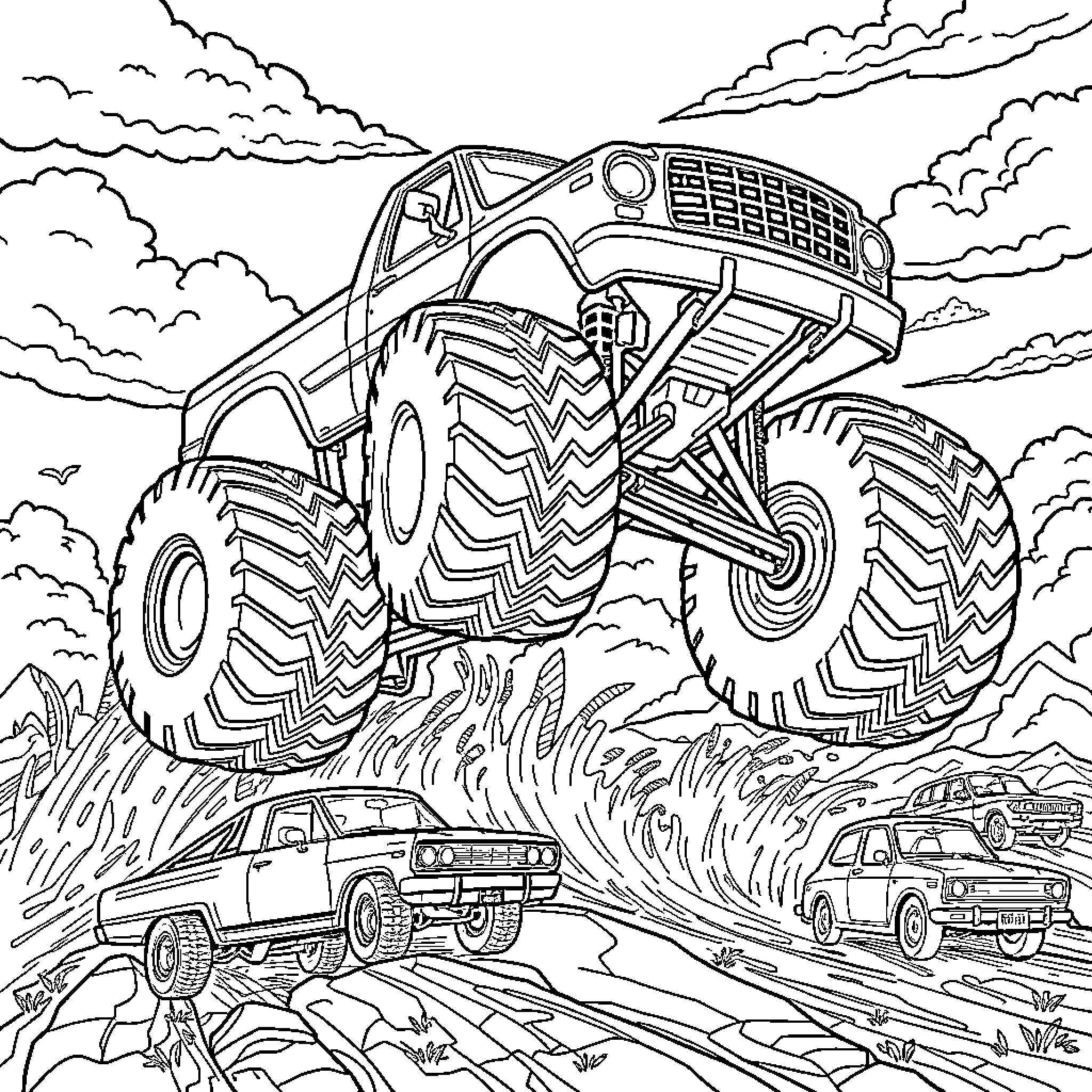 Monster Truck Crushing Cars on Muddy Road Coloring Page (free black-and-white line drawing printable PDF for all, from beginners to advanced learners, including children, teens, adults, and seniors)