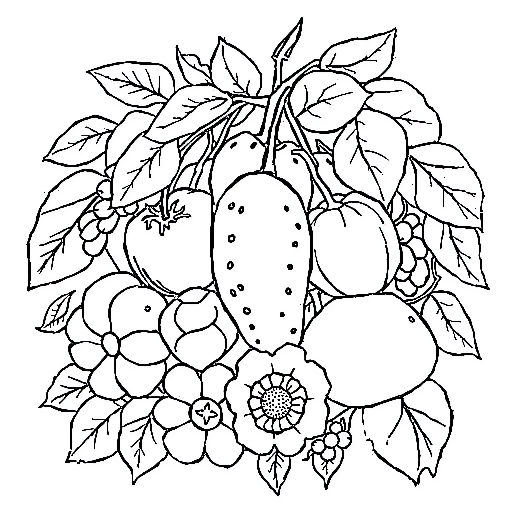 Fruit Blooming with Flowers Coloring Page (free black-and-white line drawing printable PDF for all, from beginners to advanced learners, including children, teens, adults, and seniors)