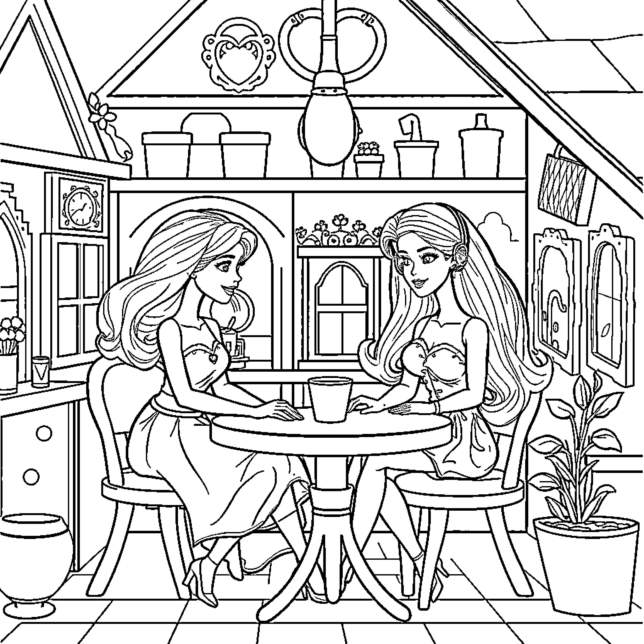 Barbie sisters enjoying tea time together in cozy home Coloring Page (free black-and-white line drawing printable PDF for all, from beginners to advanced learners, including children, teens, adults, and seniors)