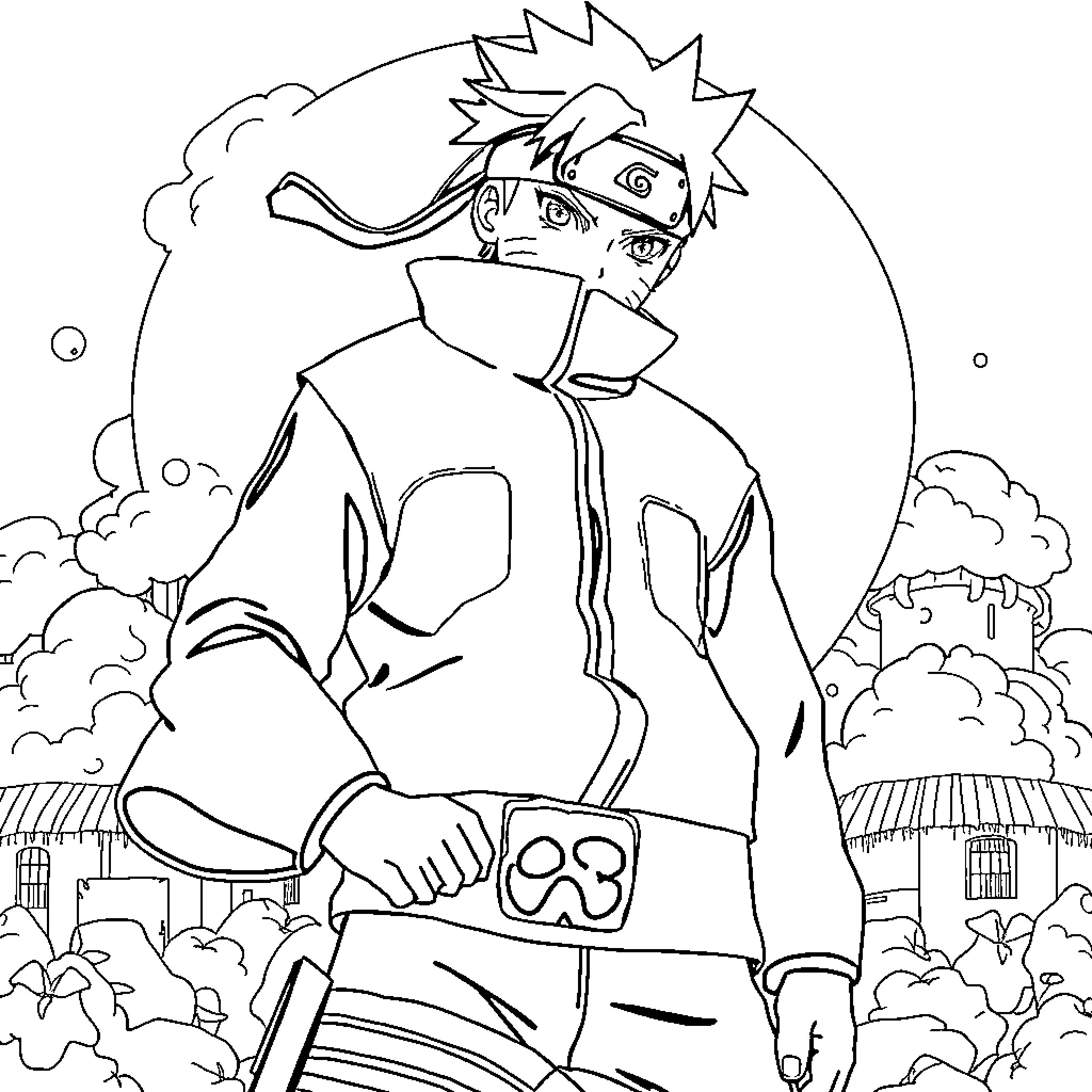 Naruto protagonist in action-packed pose Coloring Page (free black-and-white line drawing printable PDF for all, from beginners to advanced learners, including children, teens, adults, and seniors)