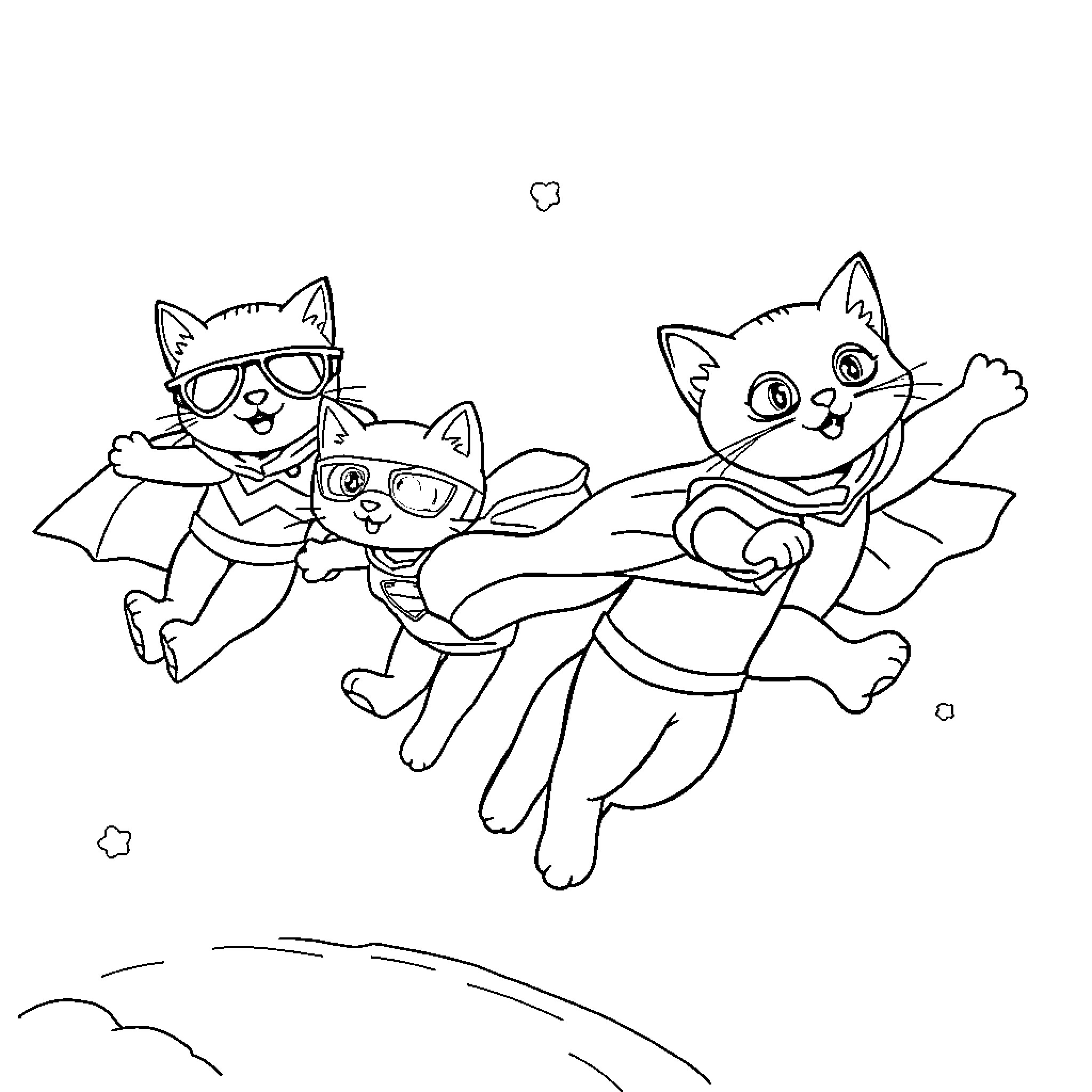 Kitty Superheroes Soaring Through the Skies Coloring Page (free black-and-white line drawing printable PDF for all, from beginners to advanced learners, including children, teens, adults, and seniors)