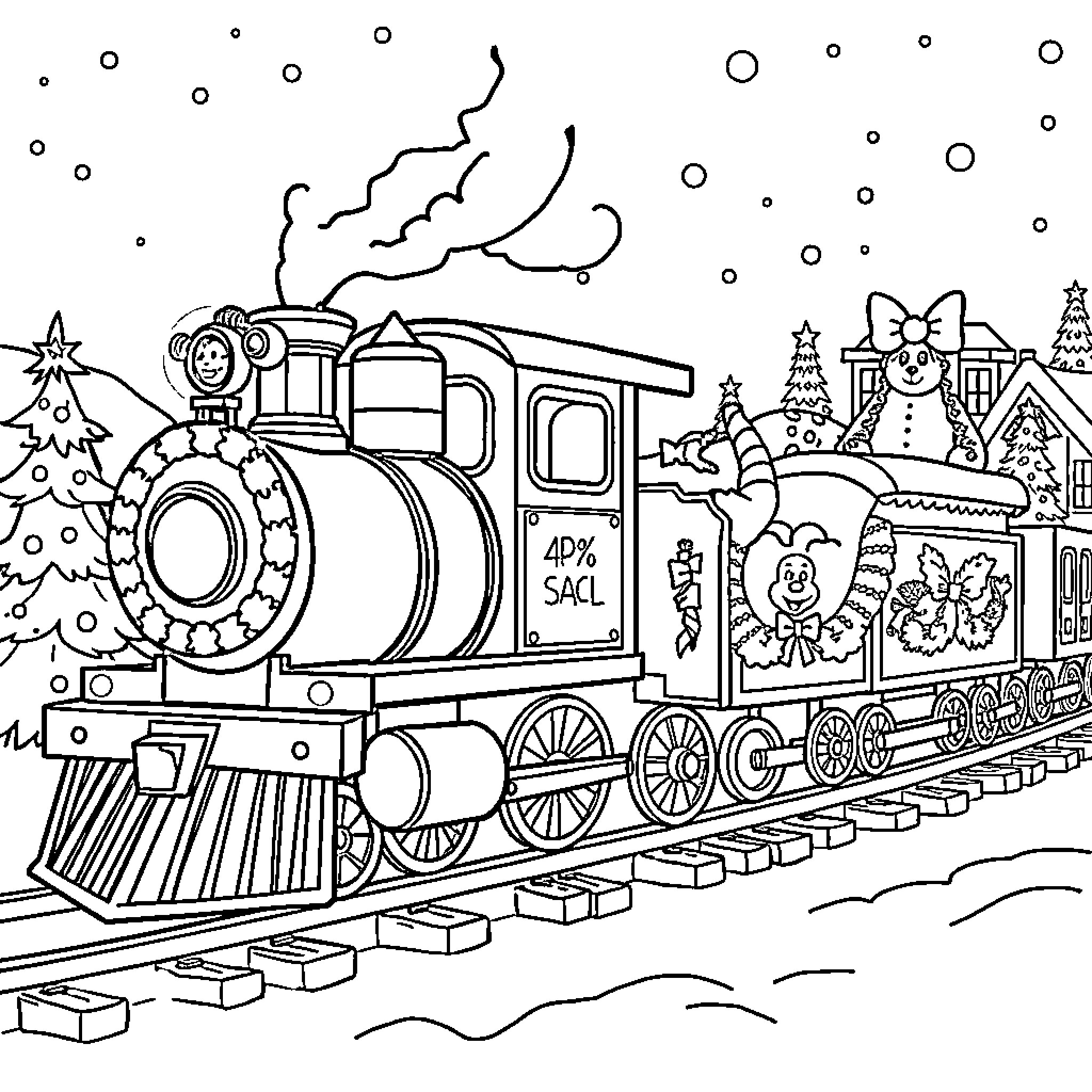 Train Carrying Holiday Passengers and Decorations Coloring Page (free black-and-white line drawing printable PDF for all, from beginners to advanced learners, including children, teens, adults, and seniors)