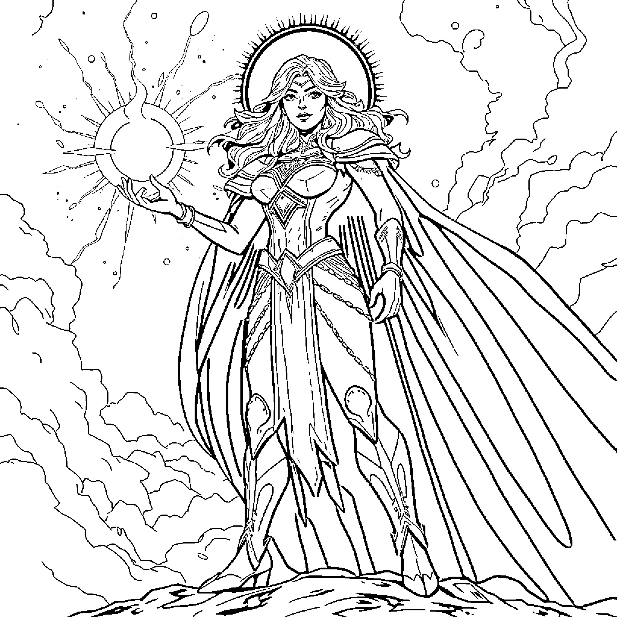 Luz Noceda wielding celestial powers in an ethereal realm Coloring Page (free black-and-white line drawing printable PDF for all, from beginners to advanced learners, including children, teens, adults, and seniors)