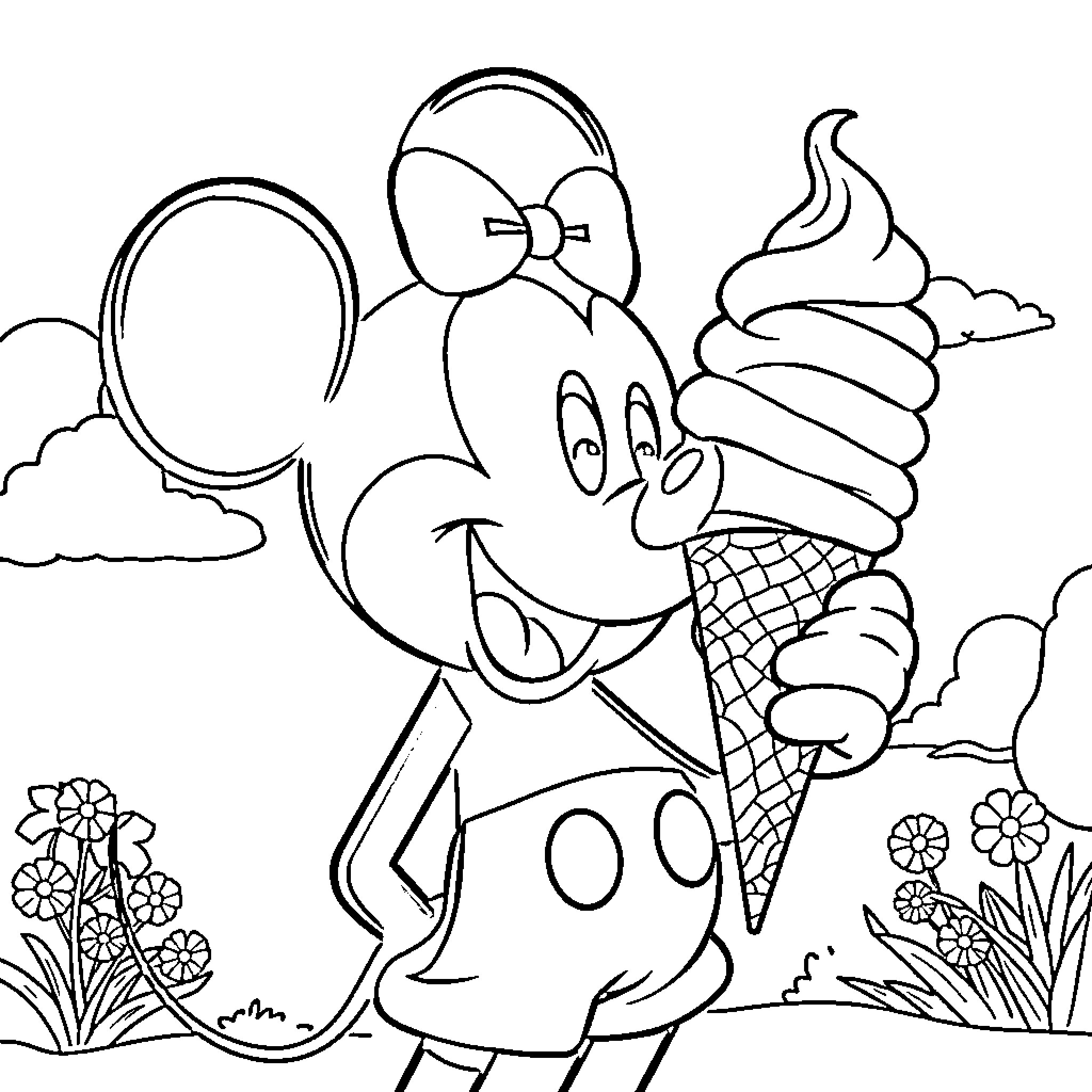 Mickey Mouse enjoying an ice cream cone in a floral garden Coloring Page (free black-and-white line drawing printable PDF for all, from beginners to advanced learners, including children, teens, adults, and seniors)