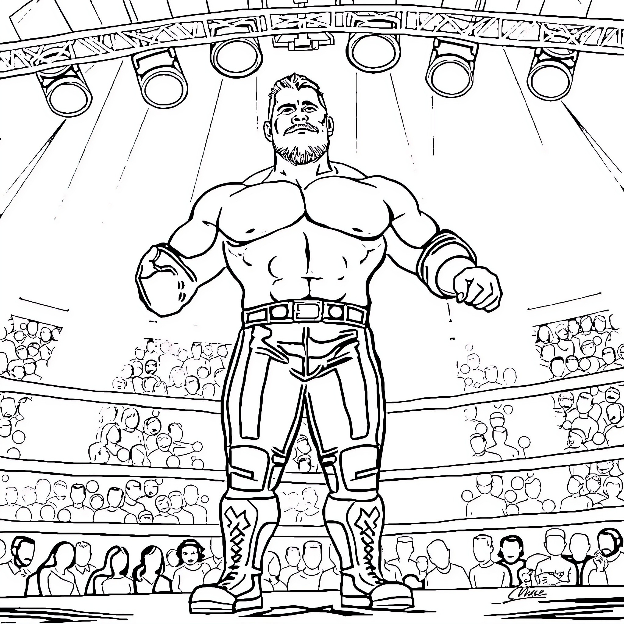 Jay Uso standing triumphantly in the wrestling ring Coloring Page (free black-and-white line drawing printable PDF for all, from beginners to advanced learners, including children, teens, adults, and seniors)