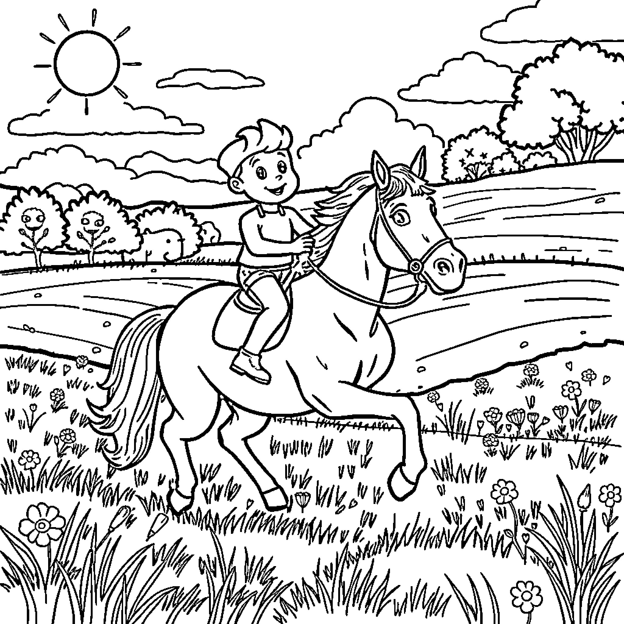 Blippi riding a horse in a scenic landscape Coloring Page (free black-and-white line drawing printable PDF for all, from beginners to advanced learners, including children, teens, adults, and seniors)