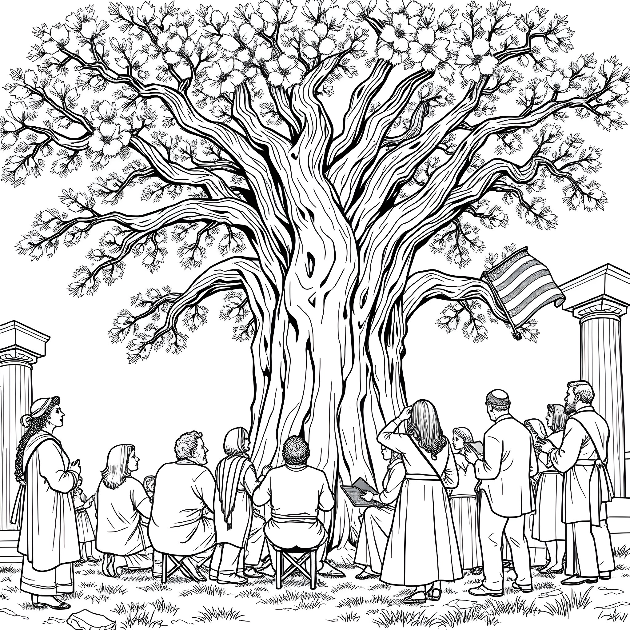 Reformer addressing a gathering under the ancient tree Coloring Page (free black-and-white line drawing printable PDF for all, from beginners to advanced learners, including children, teens, adults, and seniors)