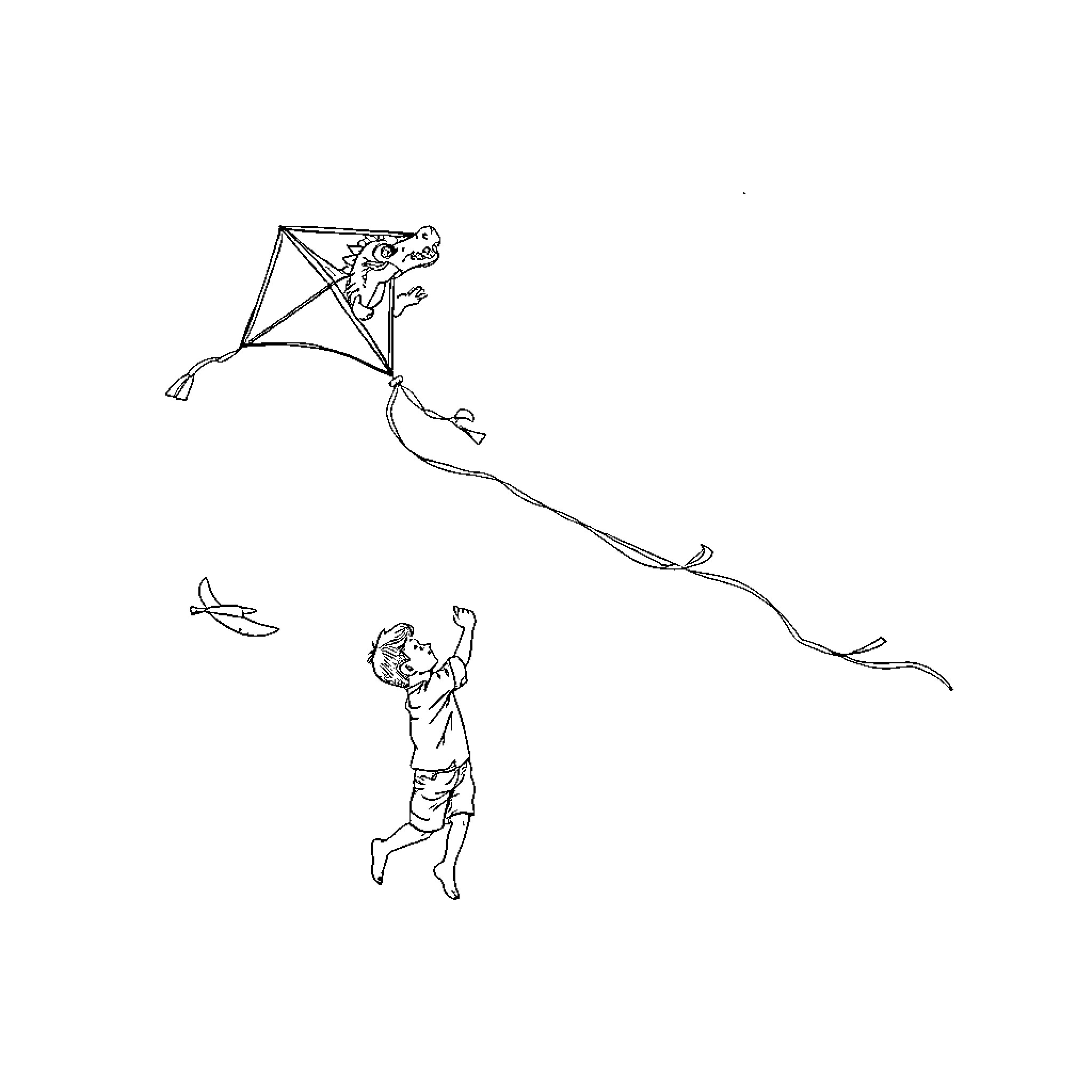 Boy flying a kite with a dragon-like creature Coloring Page (free black-and-white line drawing printable PDF for all, from beginners to advanced learners, including children, teens, adults, and seniors)