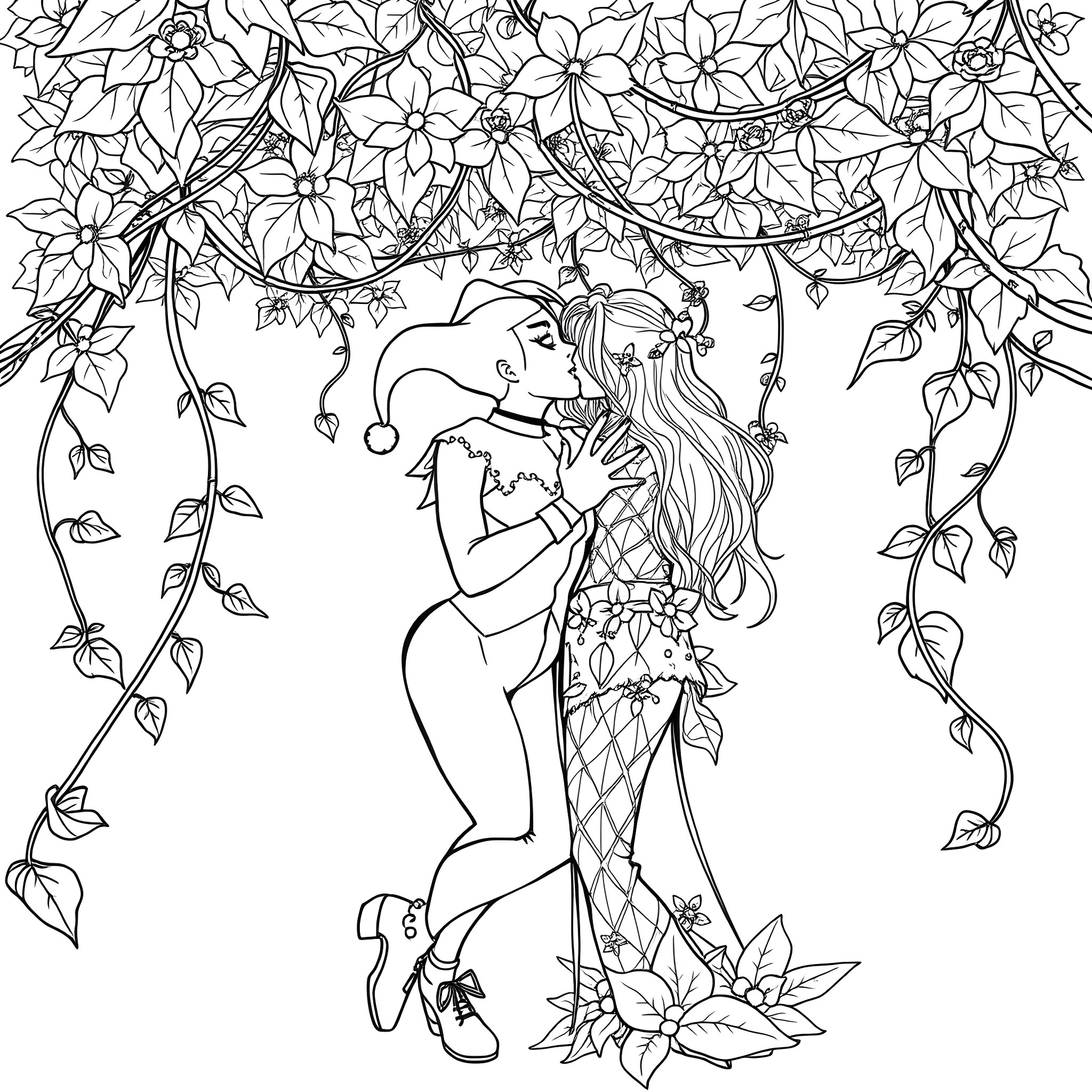 Harley Quinn in an enchanted floral setting Coloring Page (free black-and-white line drawing printable PDF for all, from beginners to advanced learners, including children, teens, adults, and seniors)