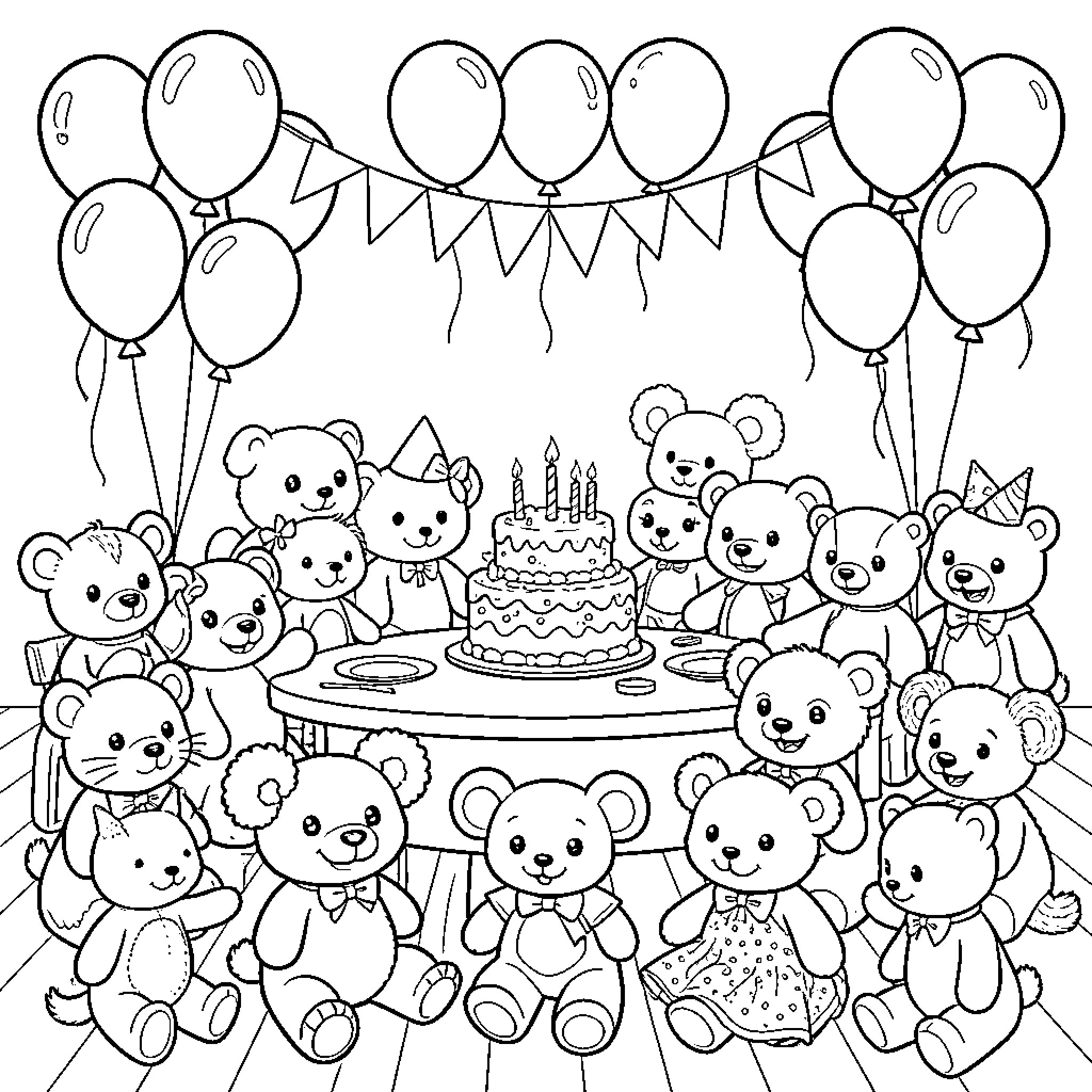 Stuffed Animal bears celebrating a birthday party with cake Coloring Page (free black-and-white line drawing printable PDF for all, from beginners to advanced learners, including children, teens, adults, and seniors)