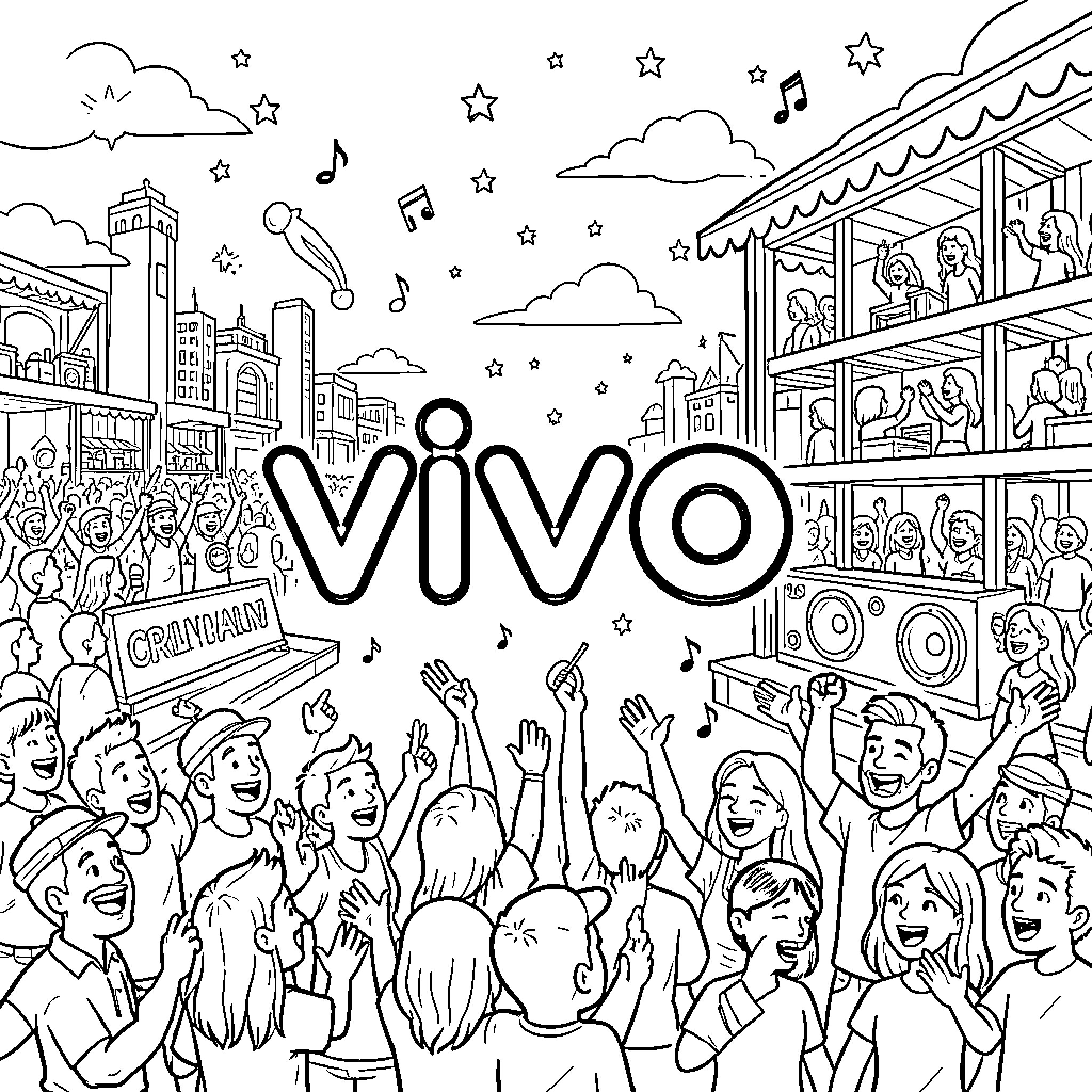 Vivo crowd cheering enthusiastically at a music festival Coloring Page (free black-and-white line drawing printable PDF for all, from beginners to advanced learners, including children, teens, adults, and seniors)