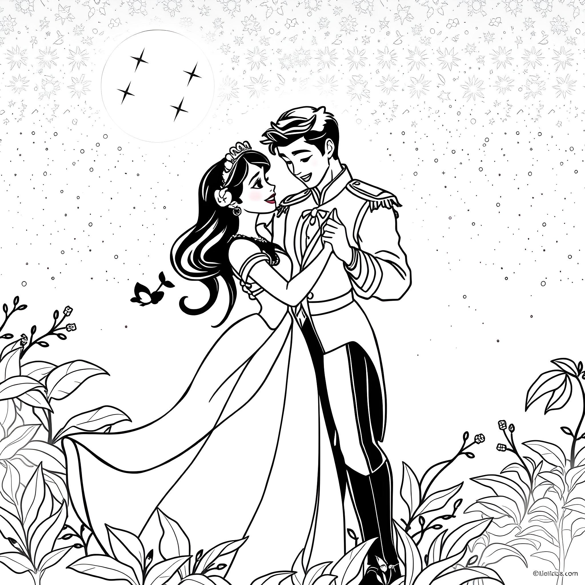Tiana and her prince dancing in the moonlight Coloring Page (free black-and-white line drawing printable PDF for all, from beginners to advanced learners, including children, teens, adults, and seniors)