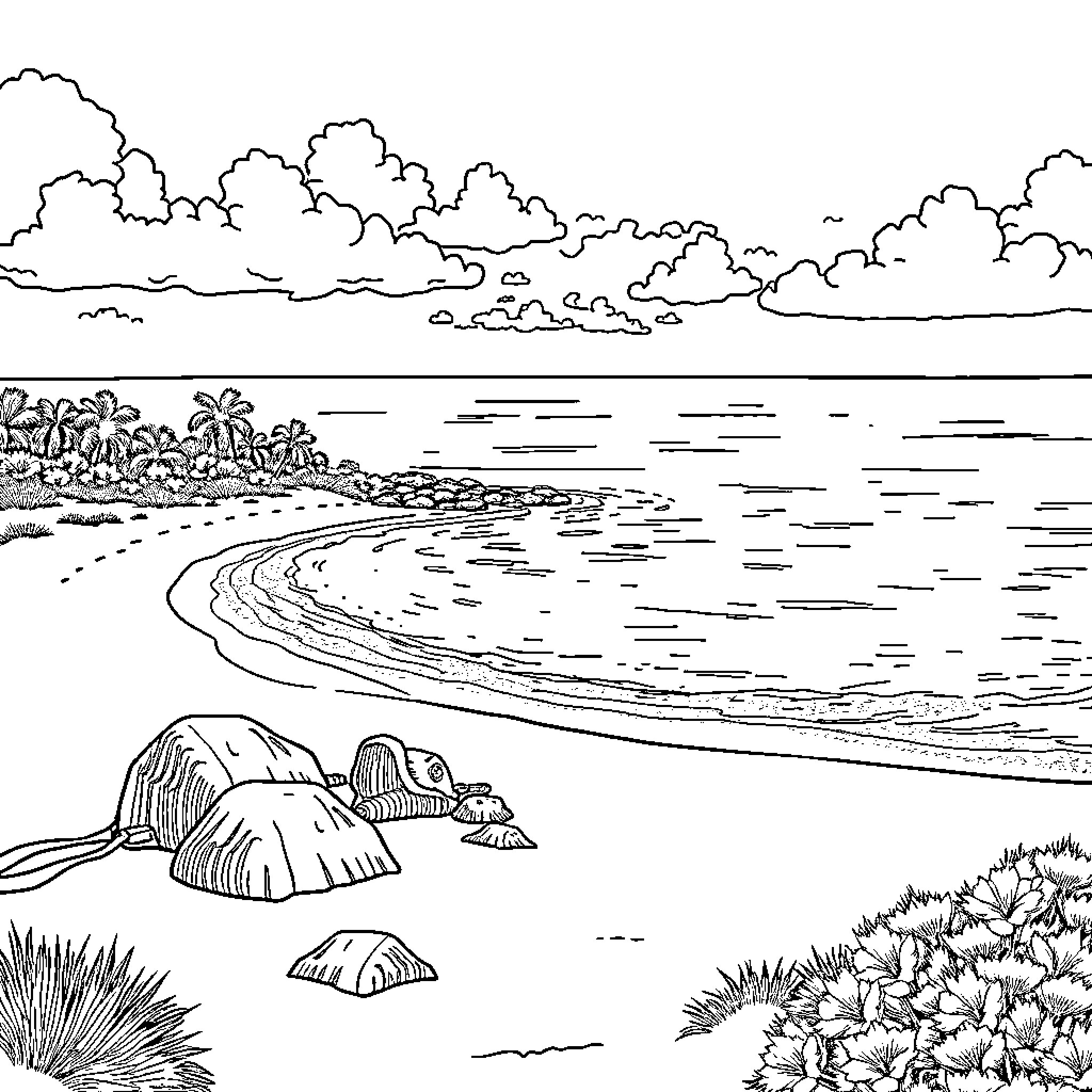 Beach with Scenic Coastline and Rocky Formations Coloring Page (free black-and-white line drawing printable PDF for all, from beginners to advanced learners, including children, teens, adults, and seniors)