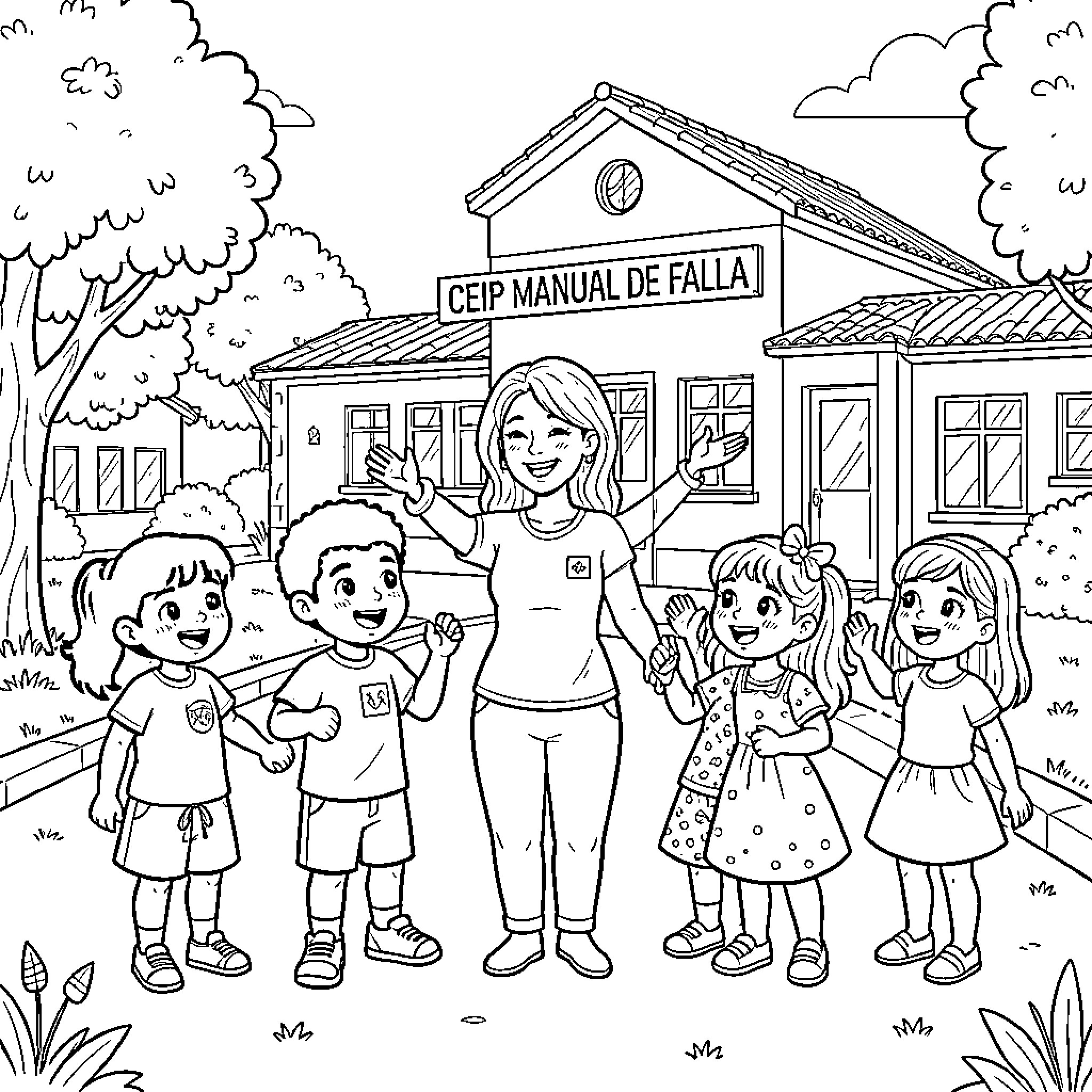 Niños and teacher smiling together in front of school Coloring Page (free black-and-white line drawing printable PDF for all, from beginners to advanced learners, including children, teens, adults, and seniors)