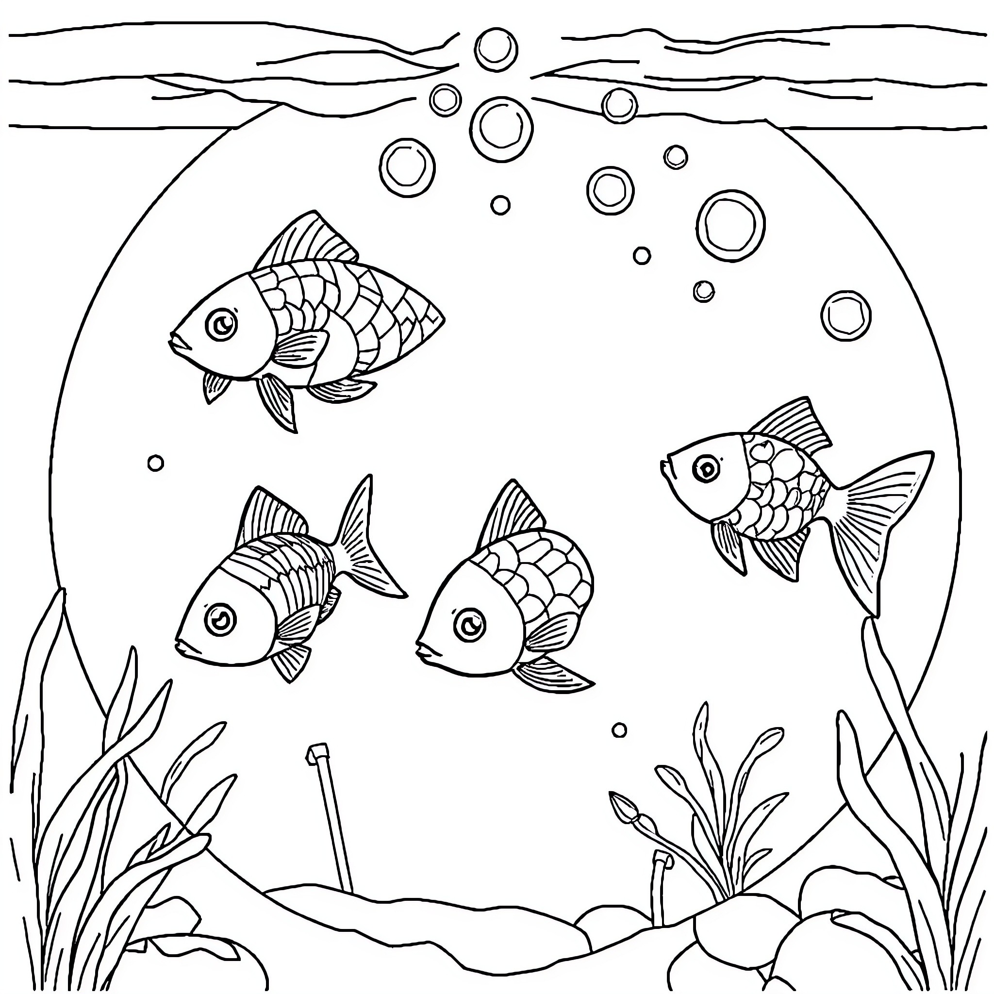 Fish swimming in the underwater scene Coloring Page (free black-and-white line drawing printable PDF for all, from beginners to advanced learners, including children, teens, adults, and seniors)