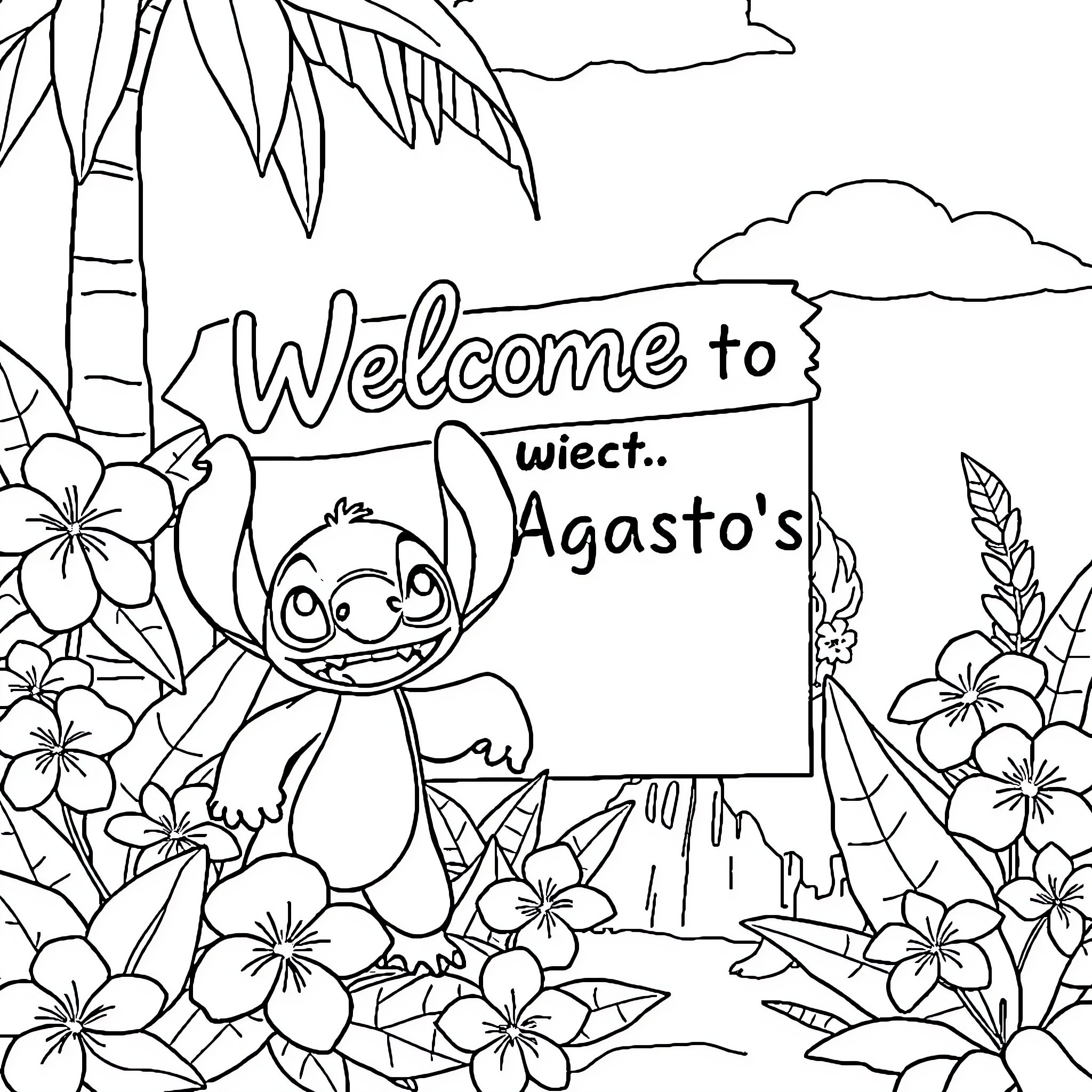 Lilo And Stitch welcome visitors to Agasto's island Coloring Page (free black-and-white line drawing printable PDF for all, from beginners to advanced learners, including children, teens, adults, and seniors)