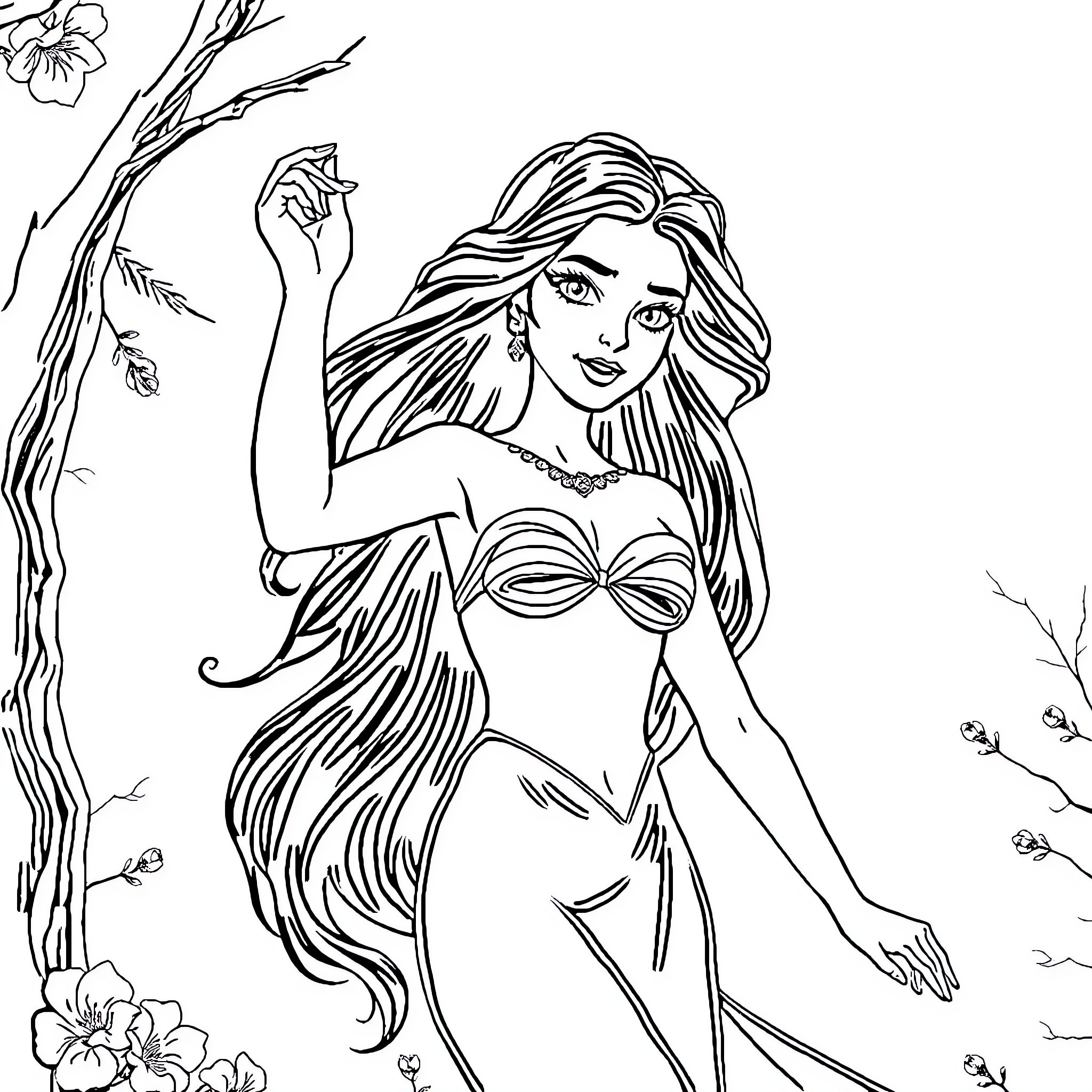 Esmeralda's Enchanting Dance in the Enchanted Forest Coloring Page (free black-and-white line drawing printable PDF for all, from beginners to advanced learners, including children, teens, adults, and seniors)