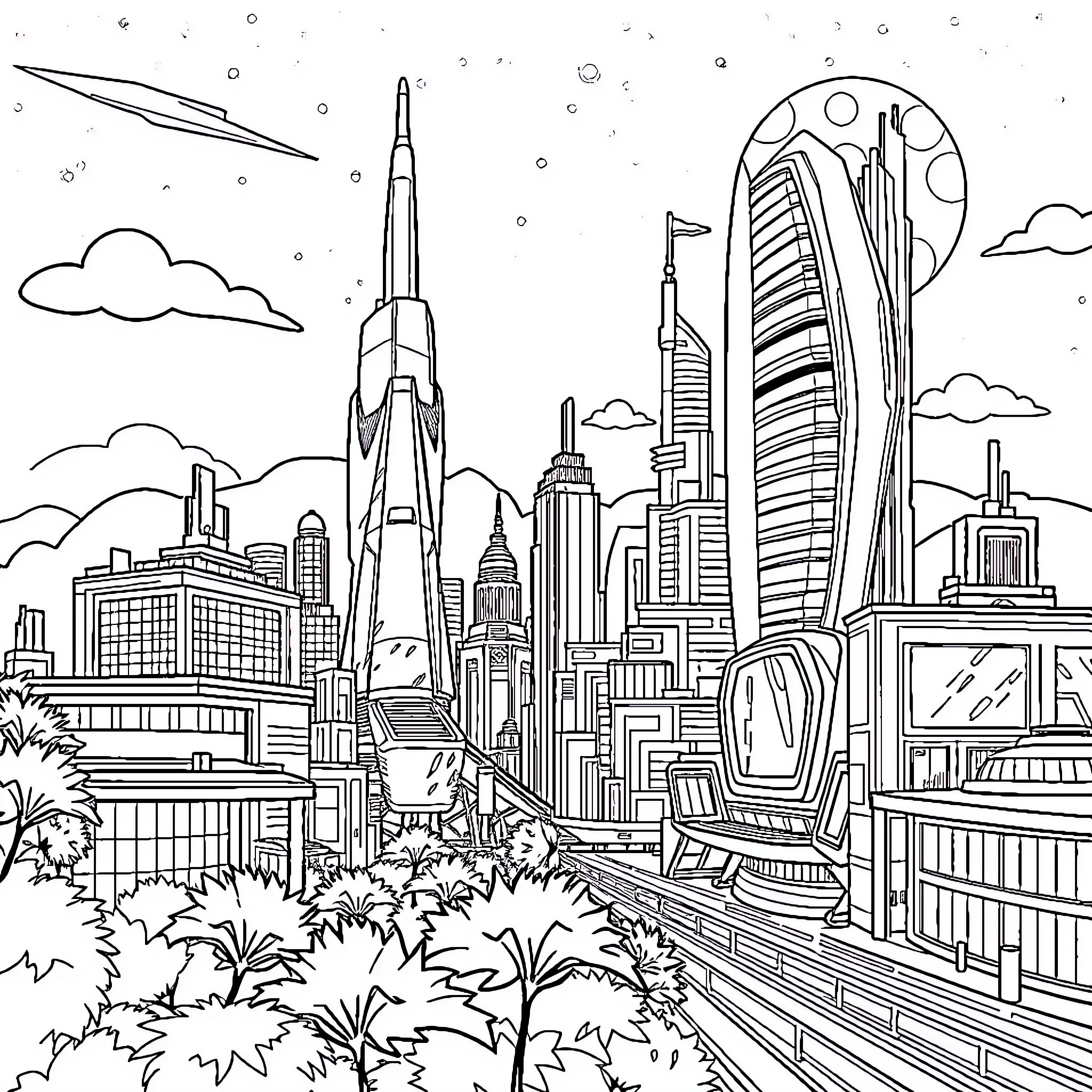 Frutiger Aero City - Futuristic Urban Landscape with Skyscrapers Coloring Page (free black-and-white line drawing printable PDF for all, from beginners to advanced learners, including children, teens, adults, and seniors)