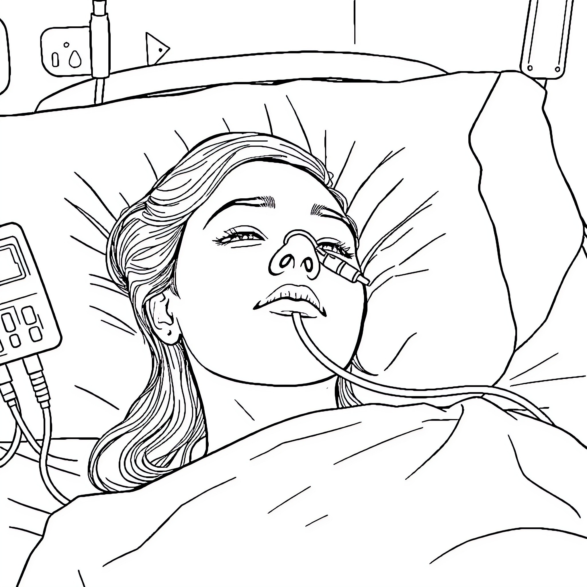 Woman receiving medical treatment in hospital Coloring Page (free black-and-white line drawing printable PDF for all, from beginners to advanced learners, including children, teens, adults, and seniors)