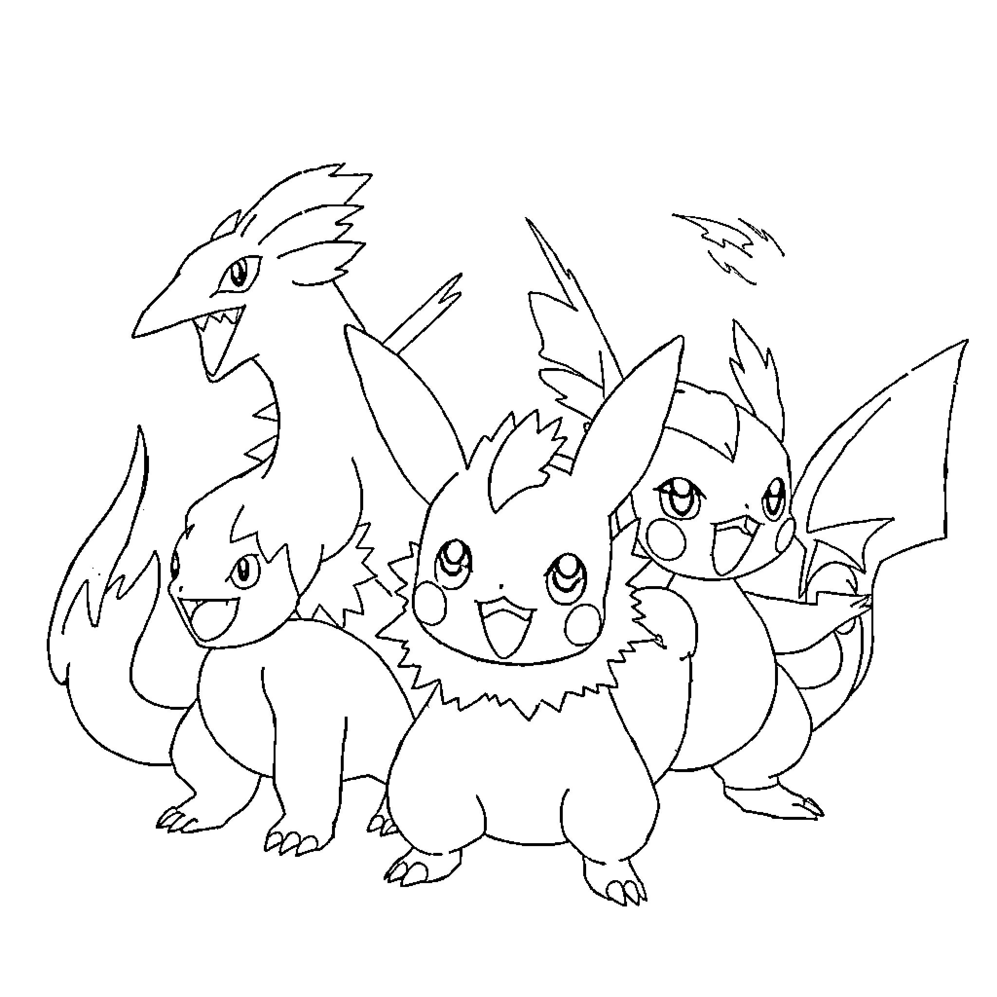 Pokémon Companions Gathered Together Coloring Page (free black-and-white line drawing printable PDF for all, from beginners to advanced learners, including children, teens, adults, and seniors)