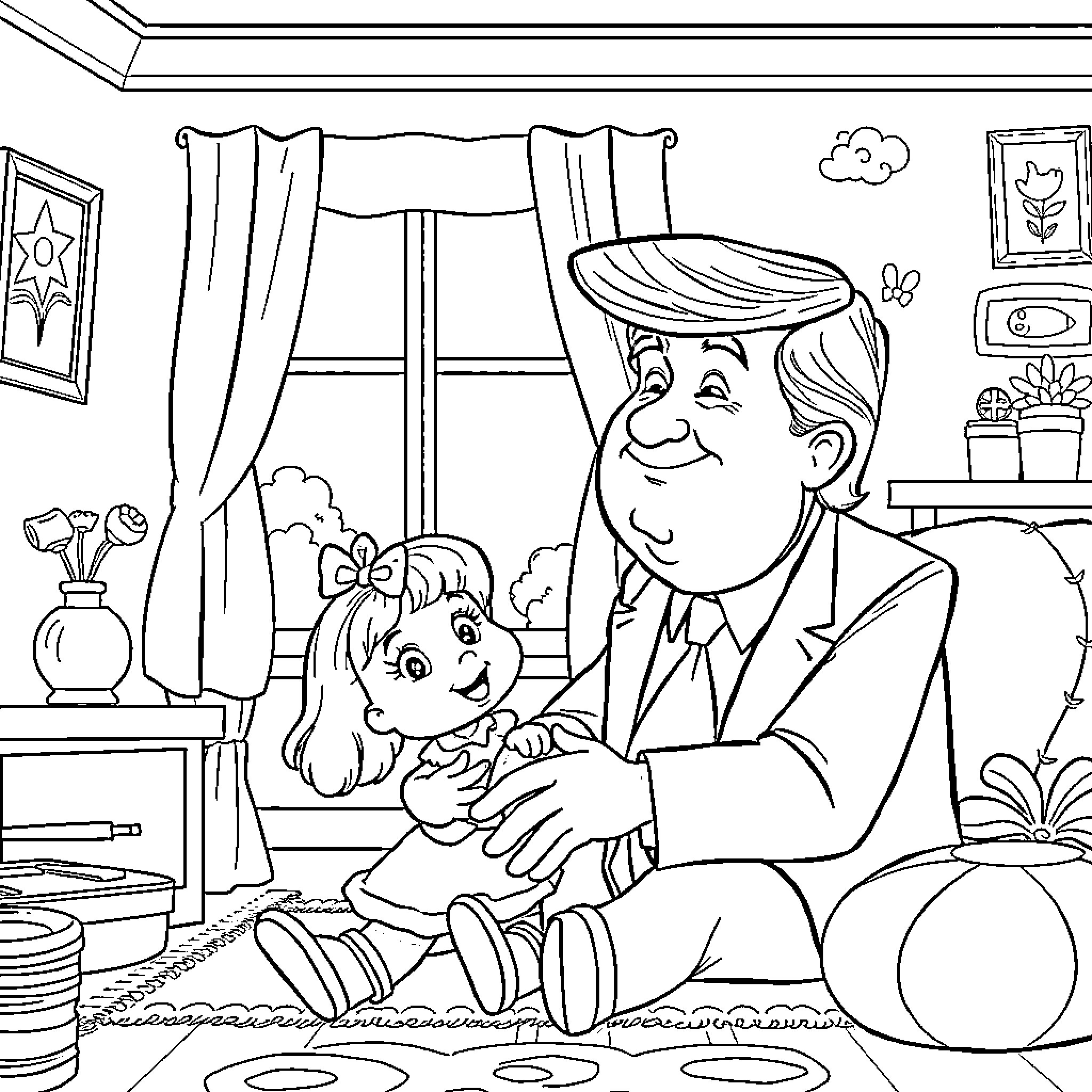 Trump plays with young girl in cozy room setting Coloring Page (free black-and-white line drawing printable PDF for all, from beginners to advanced learners, including children, teens, adults, and seniors)