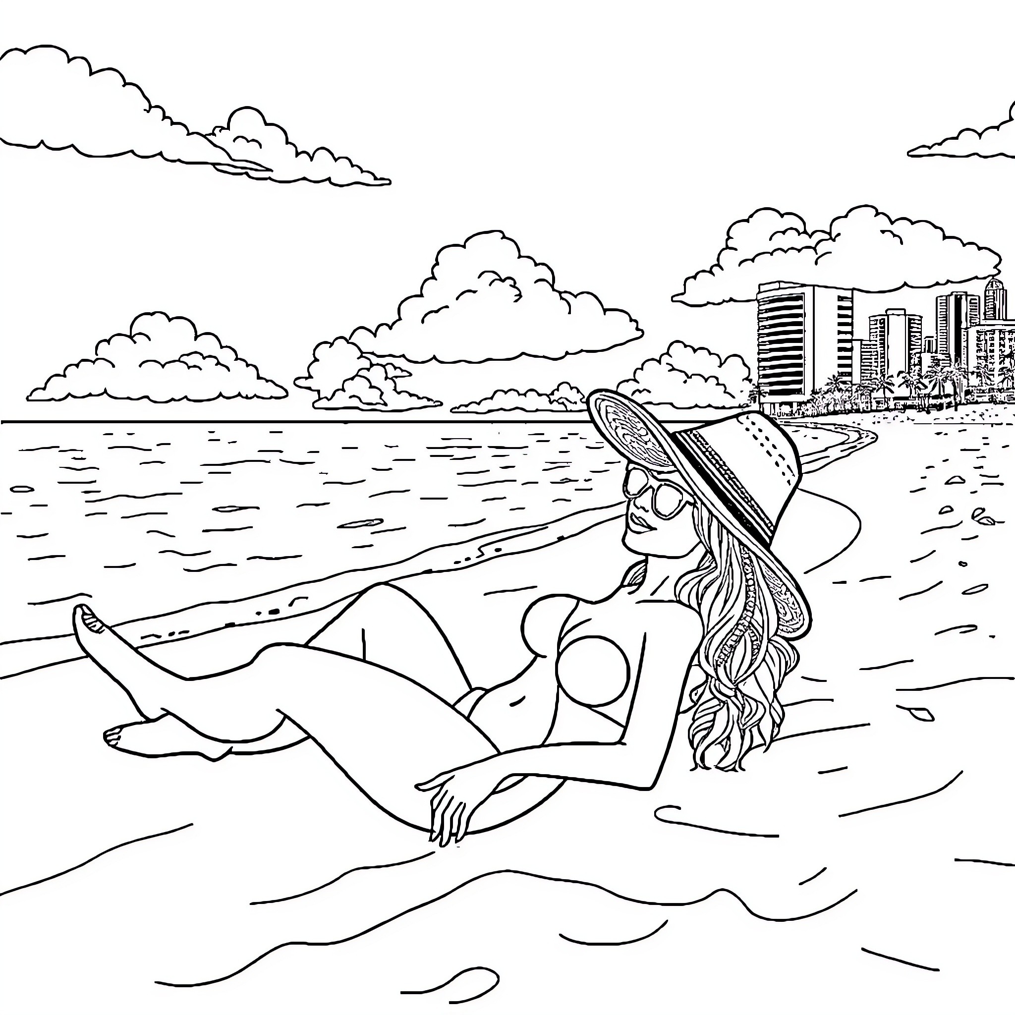 Sydney Sweeney relaxing on the beach Coloring Page (free black-and-white line drawing printable PDF for all, from beginners to advanced learners, including children, teens, adults, and seniors)