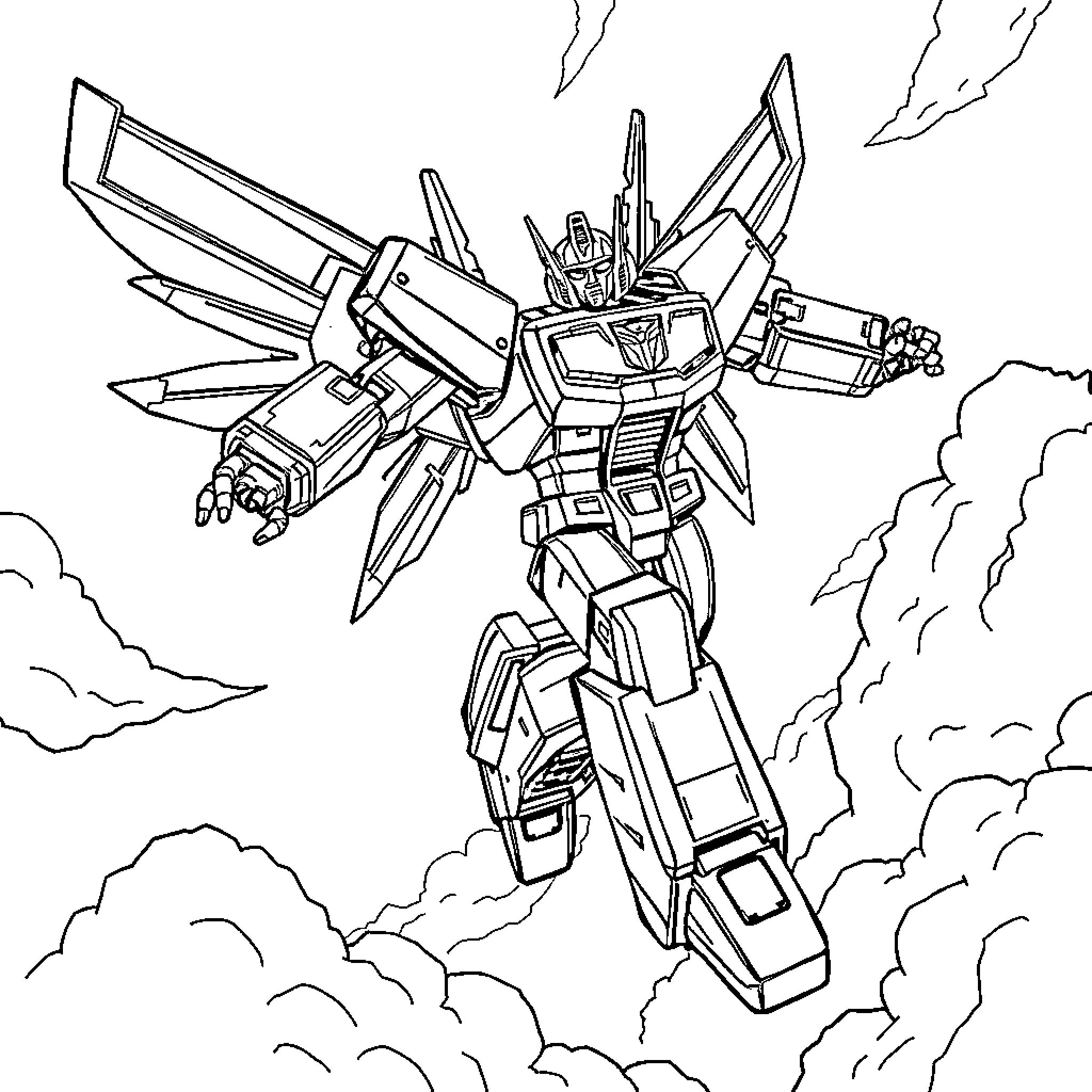 Transformer robot in action-packed aerial maneuver Coloring Page (free black-and-white line drawing printable PDF for all, from beginners to advanced learners, including children, teens, adults, and seniors)