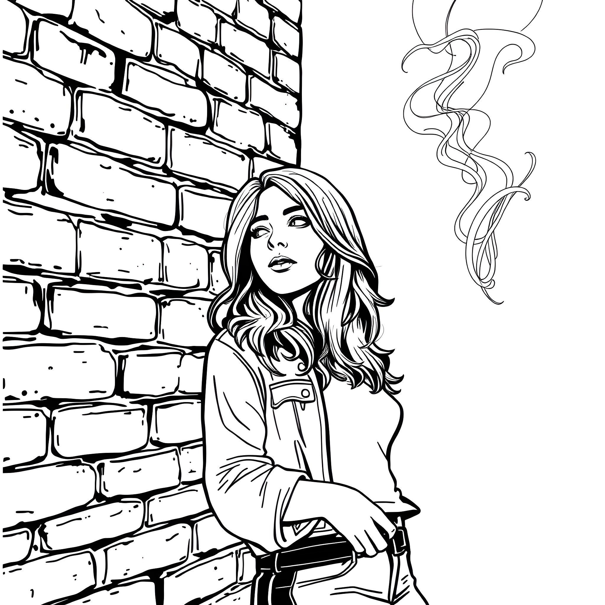 Shari's Thoughtful Moment by the Brick Wall Coloring Page (free black-and-white line drawing printable PDF for all, from beginners to advanced learners, including children, teens, adults, and seniors)