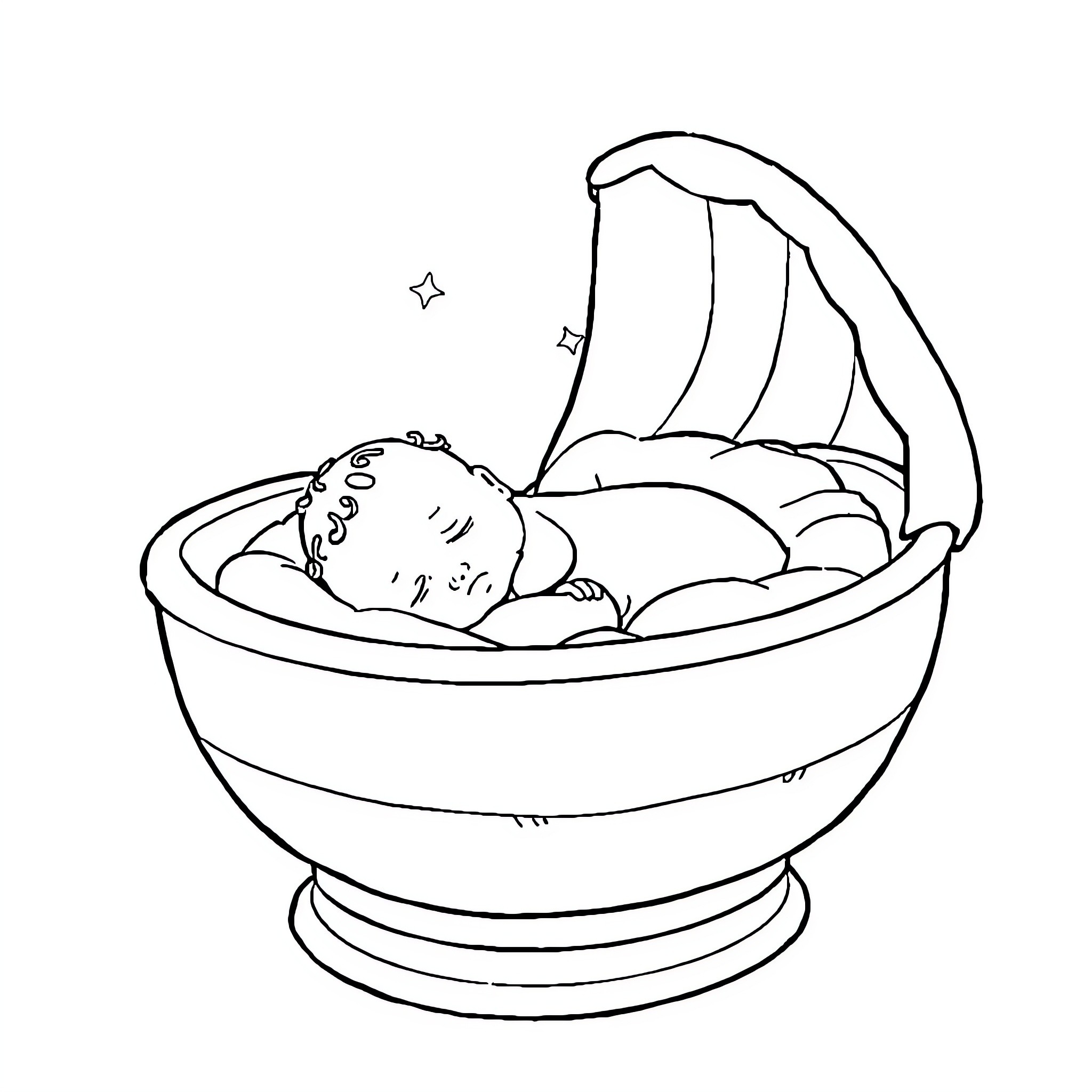 Baby sleeping peacefully in a cradle Coloring Page (free black-and-white line drawing printable PDF for all, from beginners to advanced learners, including children, teens, adults, and seniors)