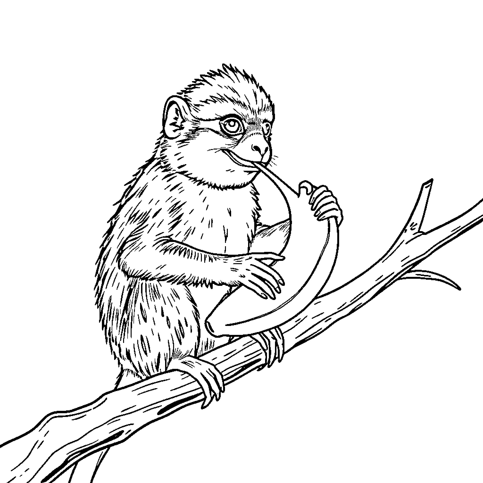 Single Squirrel Perched on Branch Coloring Page (free black-and-white line drawing printable PDF for all, from beginners to advanced learners, including children, teens, adults, and seniors)
