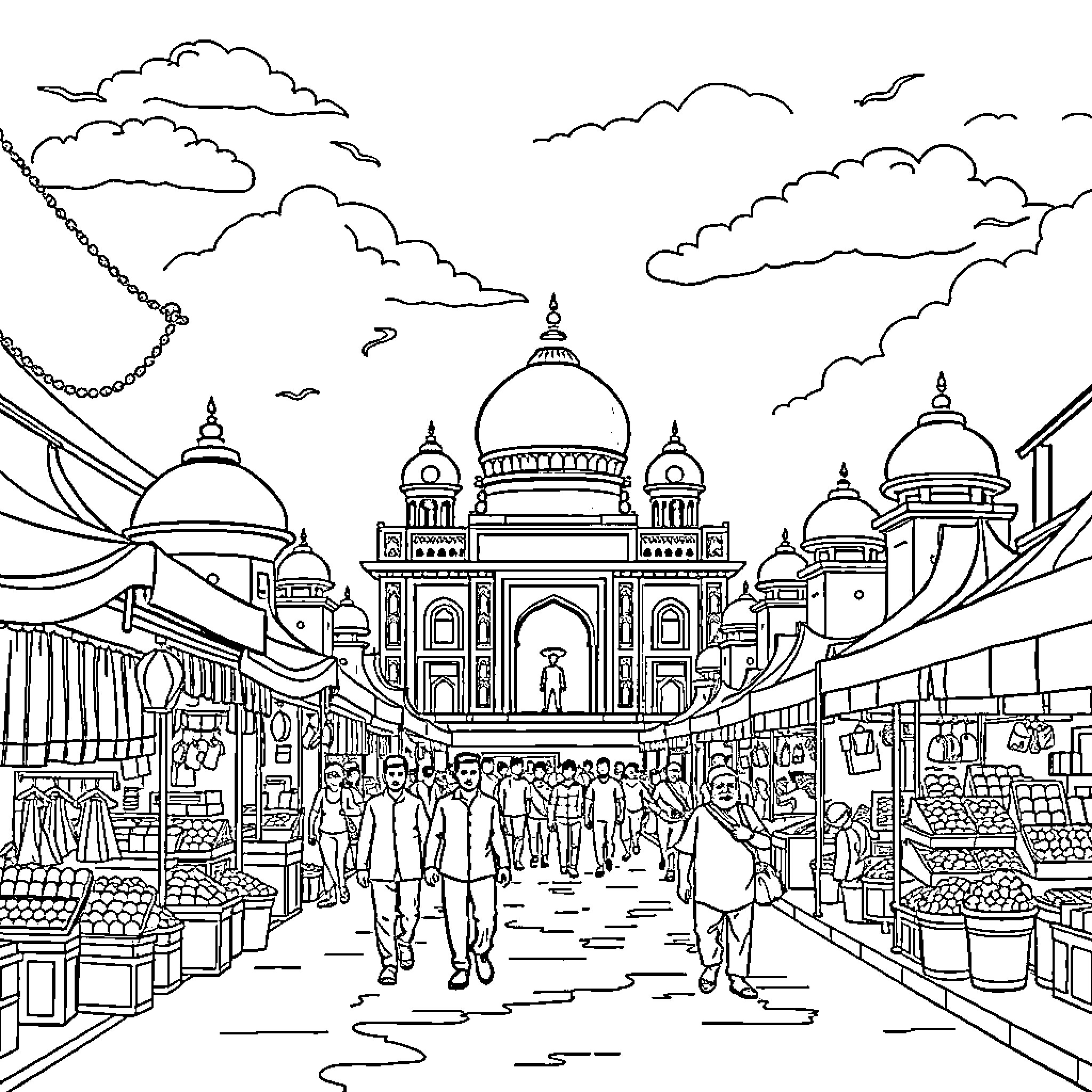 India's Vibrant Marketplace: Bustling Crowds and Architectural Wonders Coloring Page (free black-and-white line drawing printable PDF for all, from beginners to advanced learners, including children, teens, adults, and seniors)