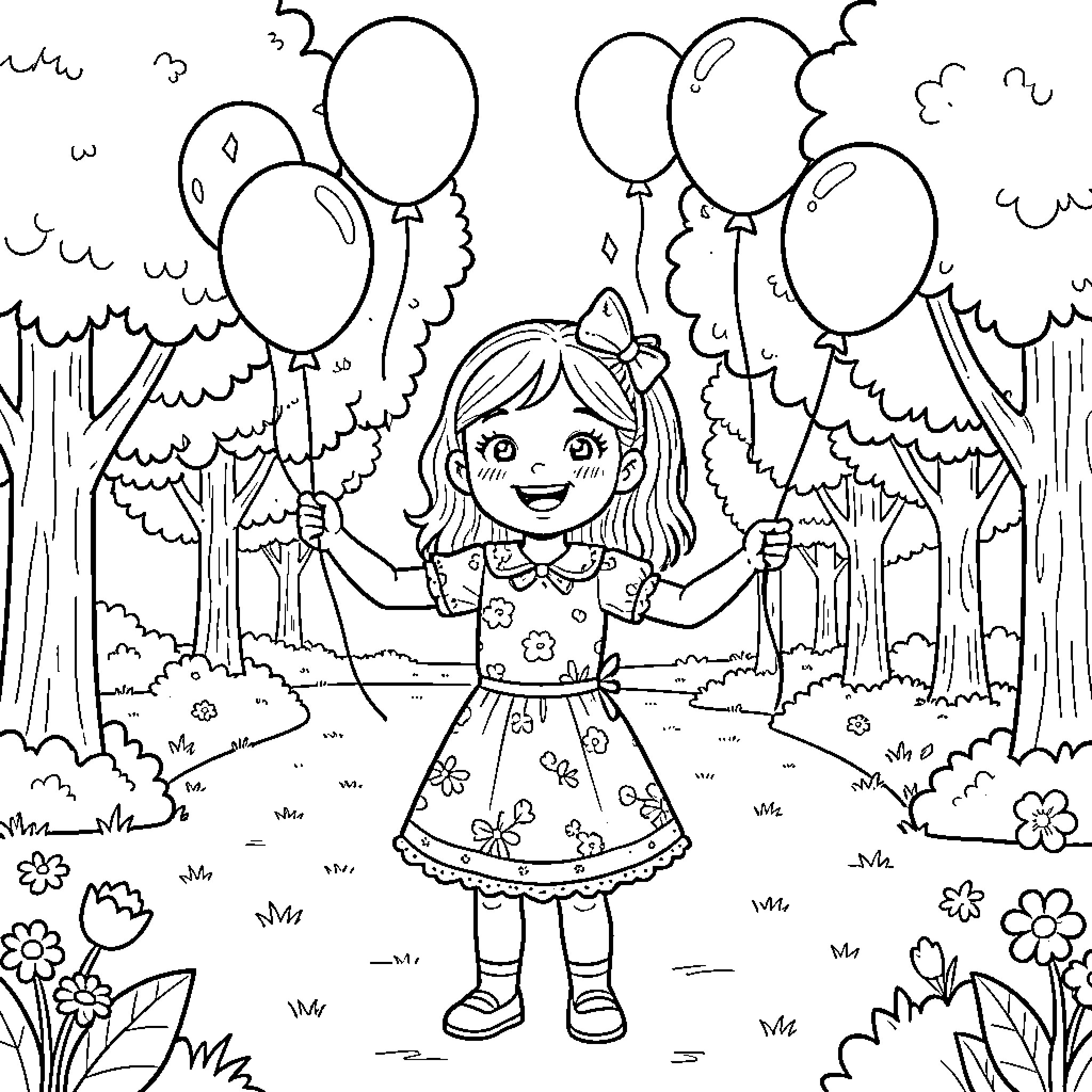 Nina's joyful balloon adventure in the enchanting forest Coloring Page (free black-and-white line drawing printable PDF for all, from beginners to advanced learners, including children, teens, adults, and seniors)