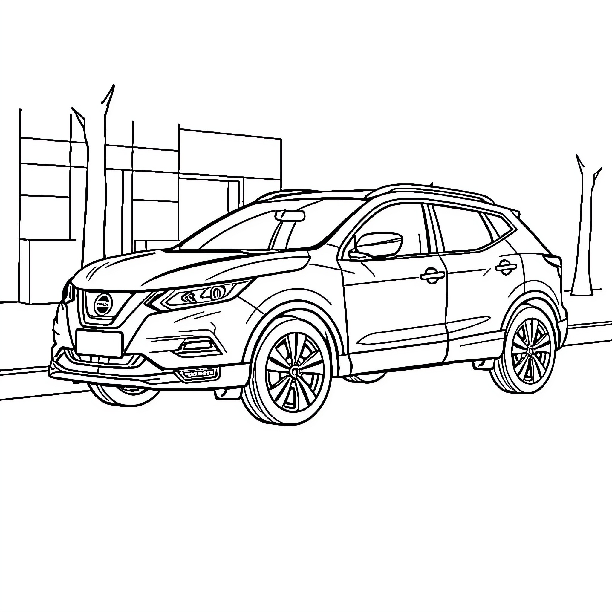 Nissan SUV in urban setting Coloring Page (free black-and-white line drawing printable PDF for all, from beginners to advanced learners, including children, teens, adults, and seniors)