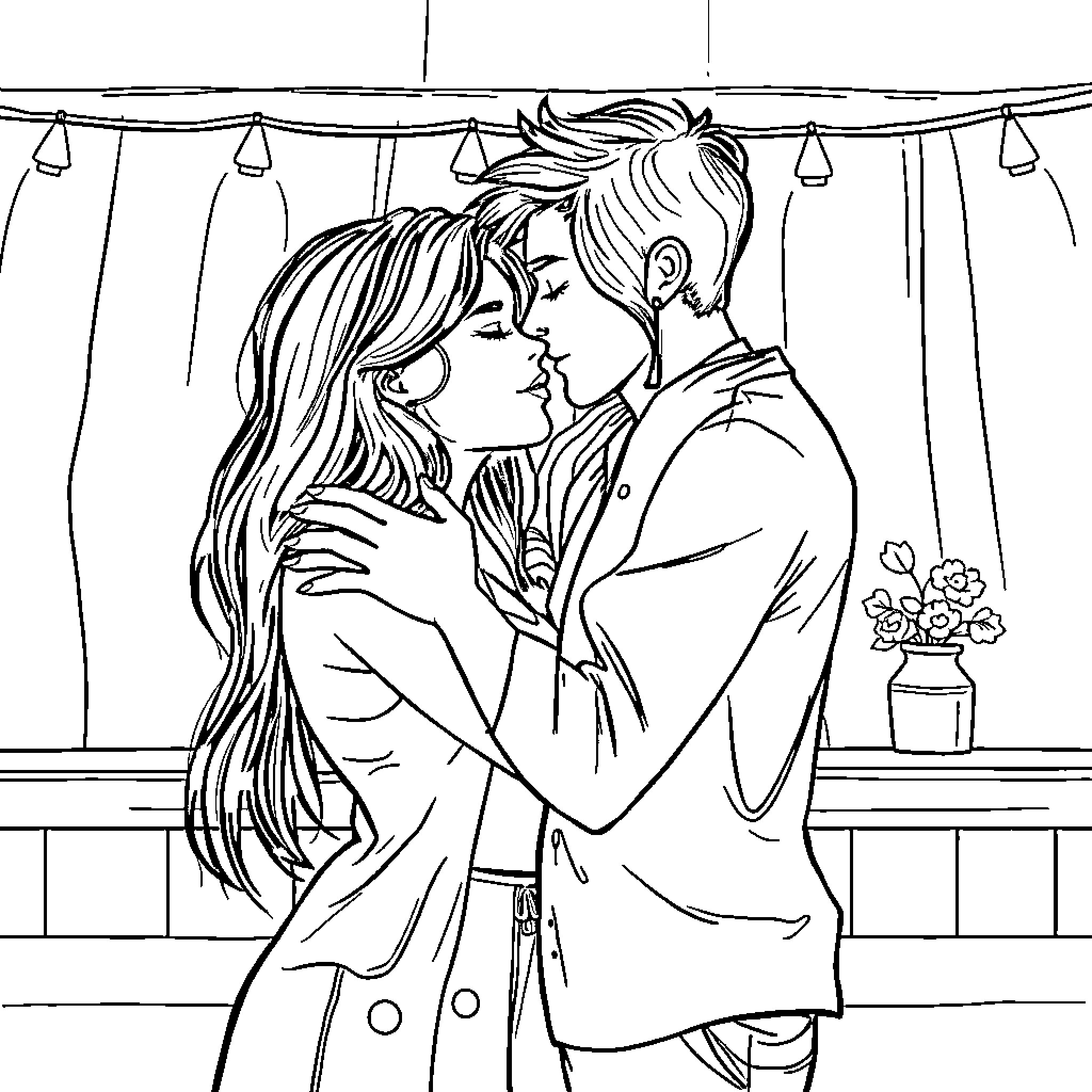 Person embracing romantically in intimate moment Coloring Page (free black-and-white line drawing printable PDF for all, from beginners to advanced learners, including children, teens, adults, and seniors)