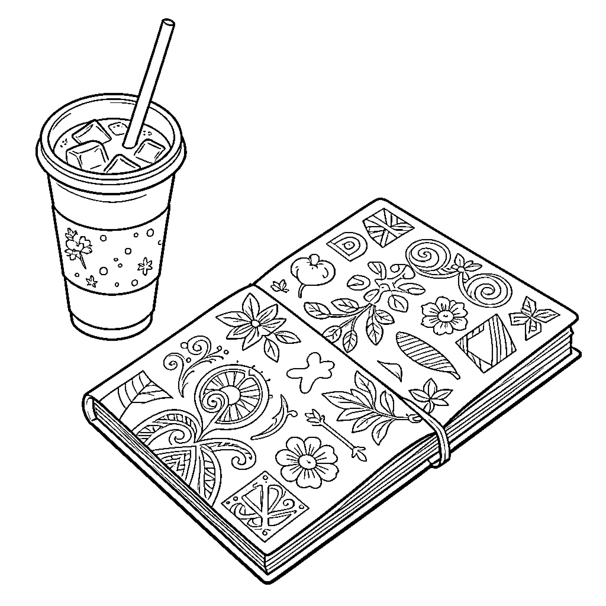 Coffee drink sitting beside an open patterned journal Coloring Page (free black-and-white line drawing printable PDF for all, from beginners to advanced learners, including children, teens, adults, and seniors)